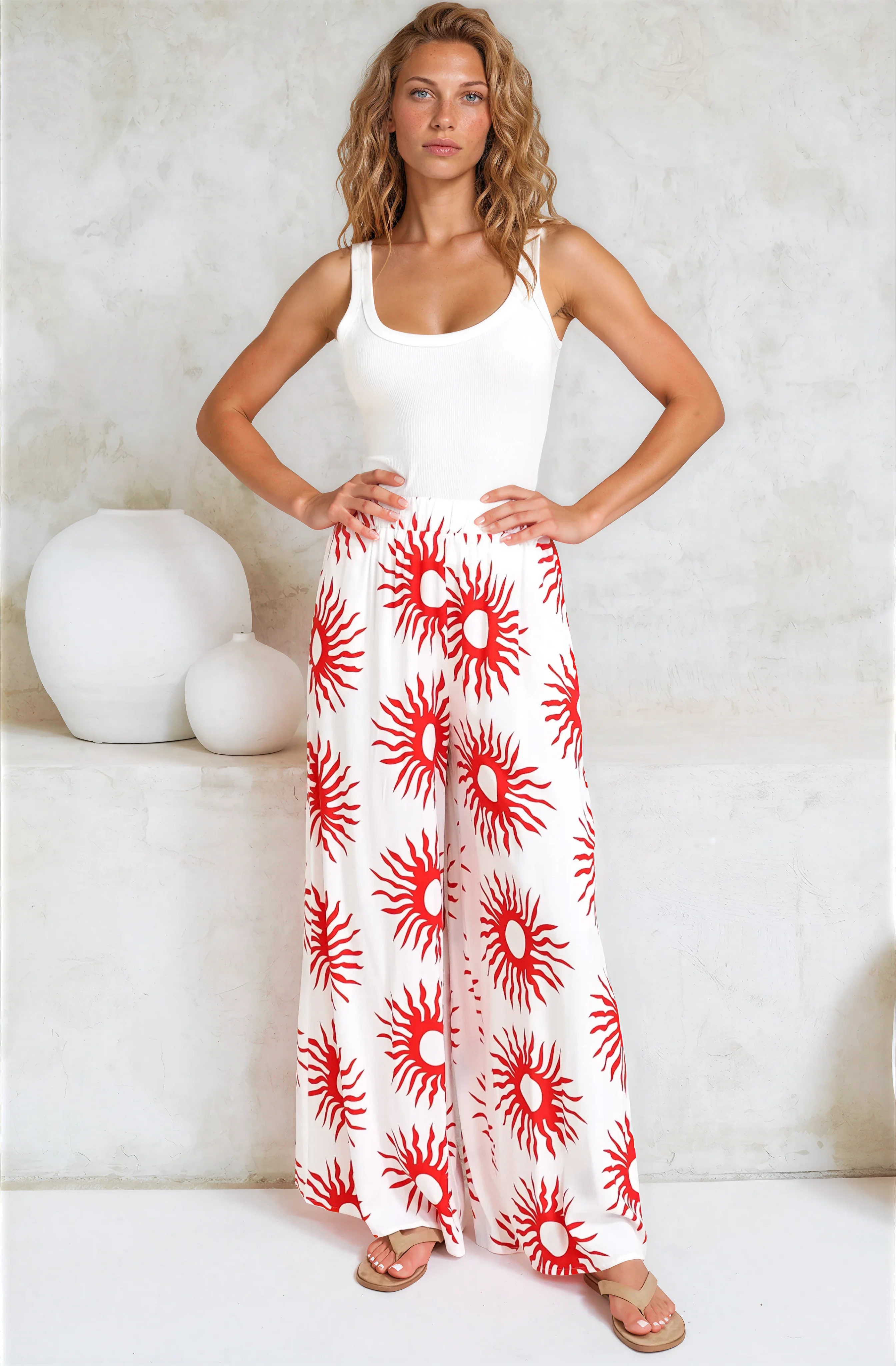 Channing Pants - High Waisted Wide-Leg Pants with Pockets in Solar Print Red - Image 11