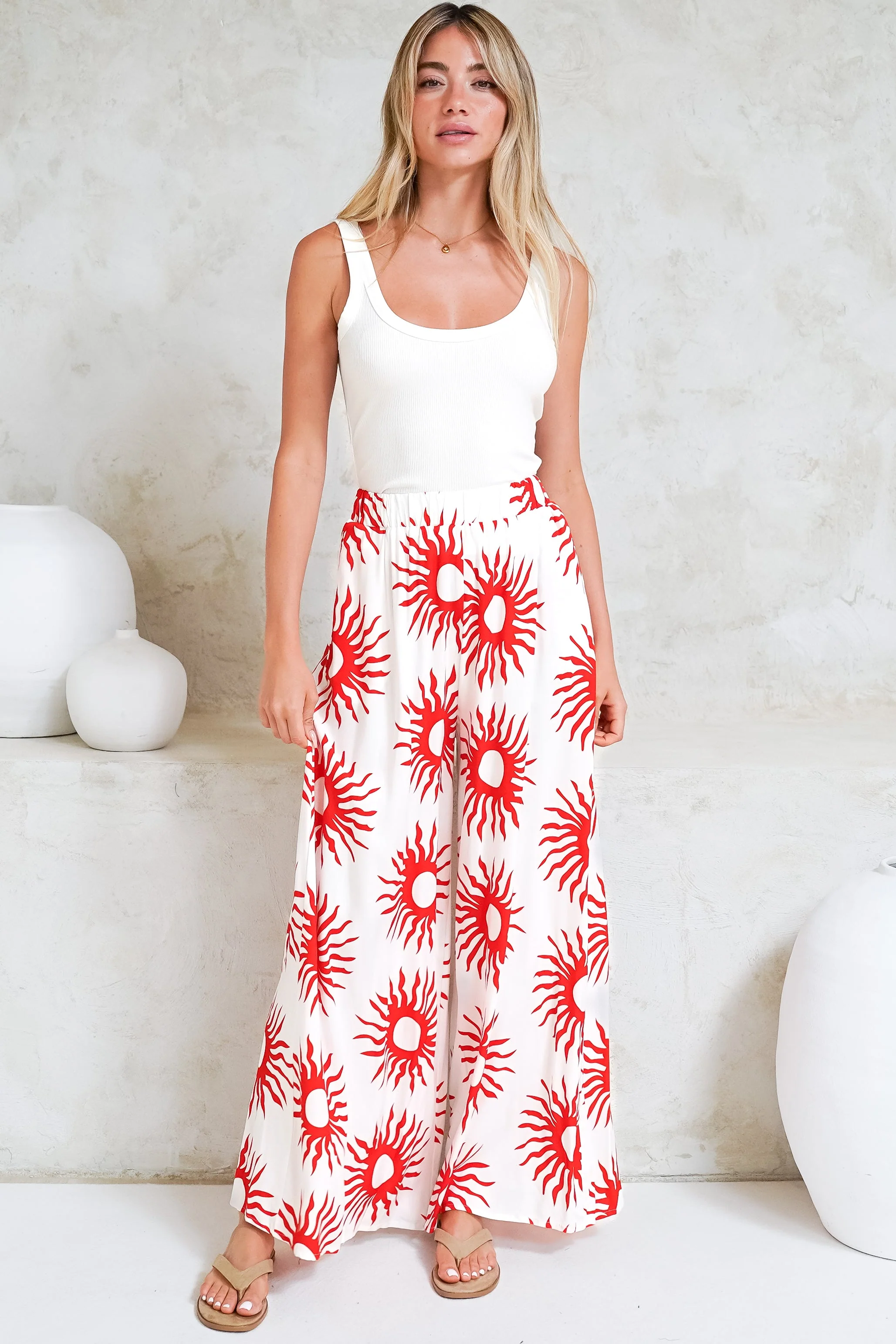 Channing Pants - High Waisted Wide-Leg Pants with Pockets in Solar Print Red - Image 3