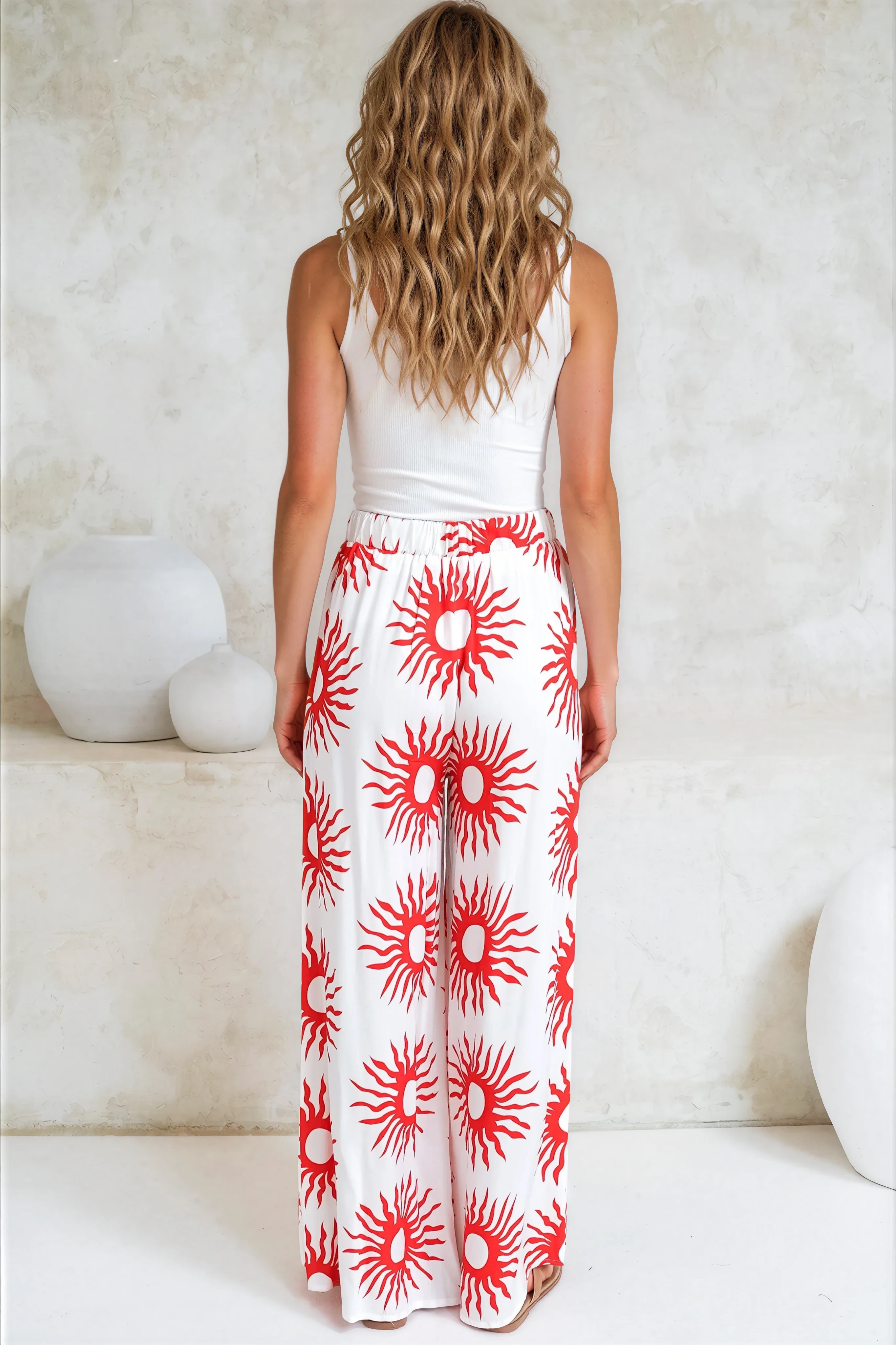 Channing Pants - High Waisted Wide-Leg Pants with Pockets in Solar Print Red - Image 4
