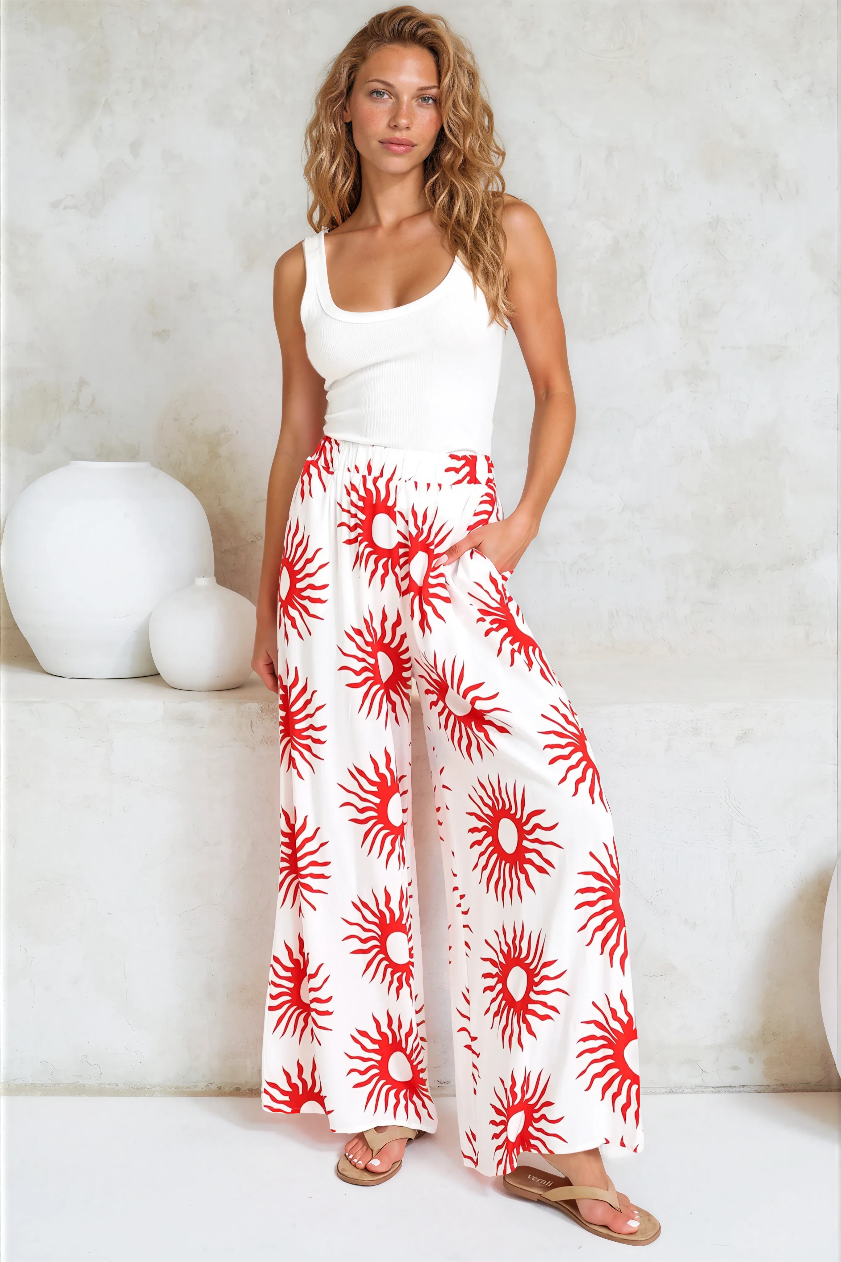 Channing Pants - High Waisted Wide-Leg Pants with Pockets in Solar Print Red - Image 5