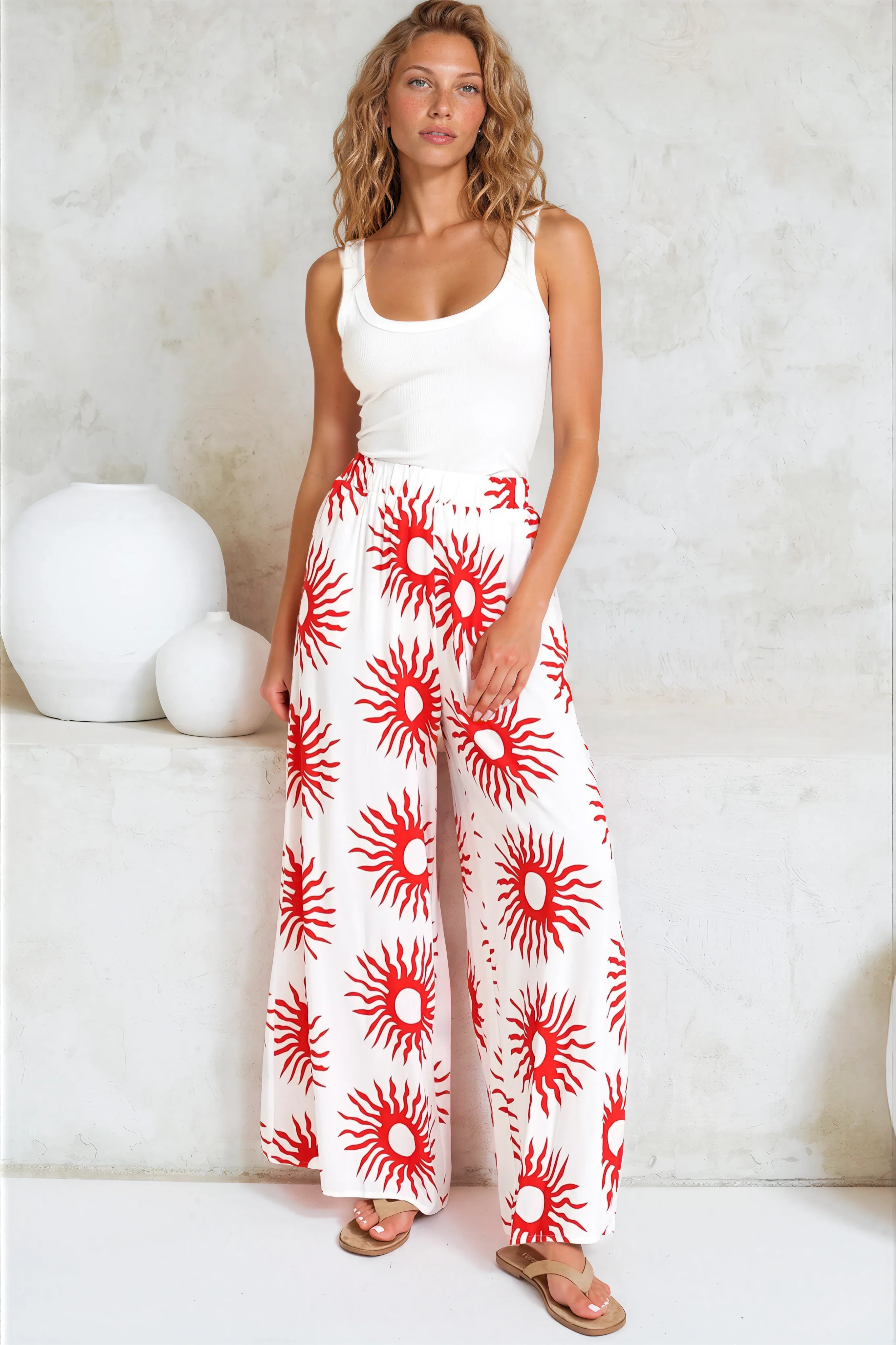 Channing Pants - High Waisted Wide-Leg Pants with Pockets in Solar Print Red - Image 6