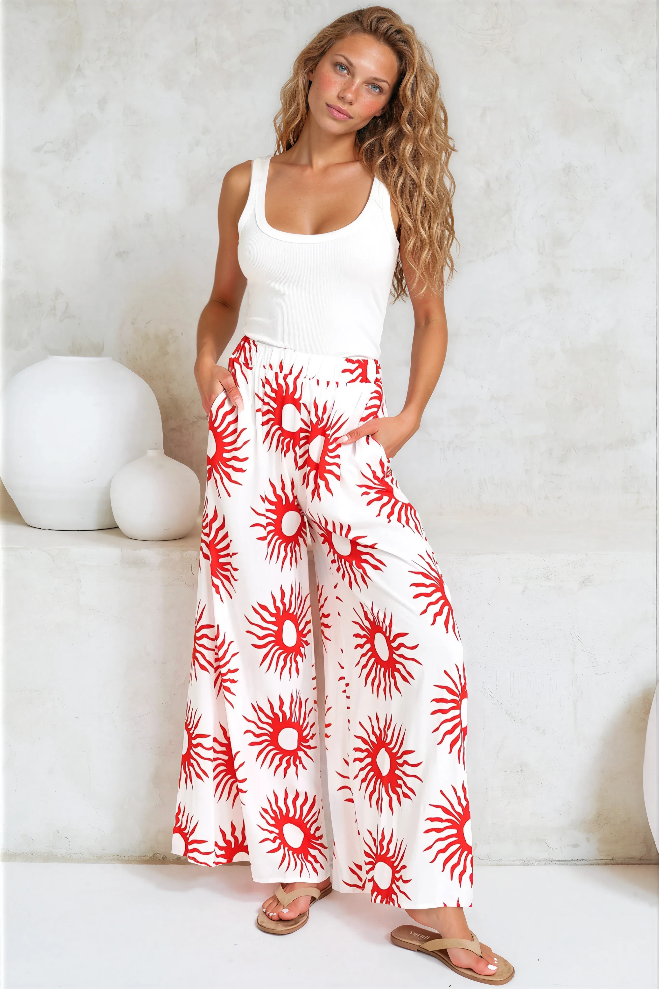 Channing Pants - High Waisted Wide-Leg Pants with Pockets in Solar Print Red - Image 7