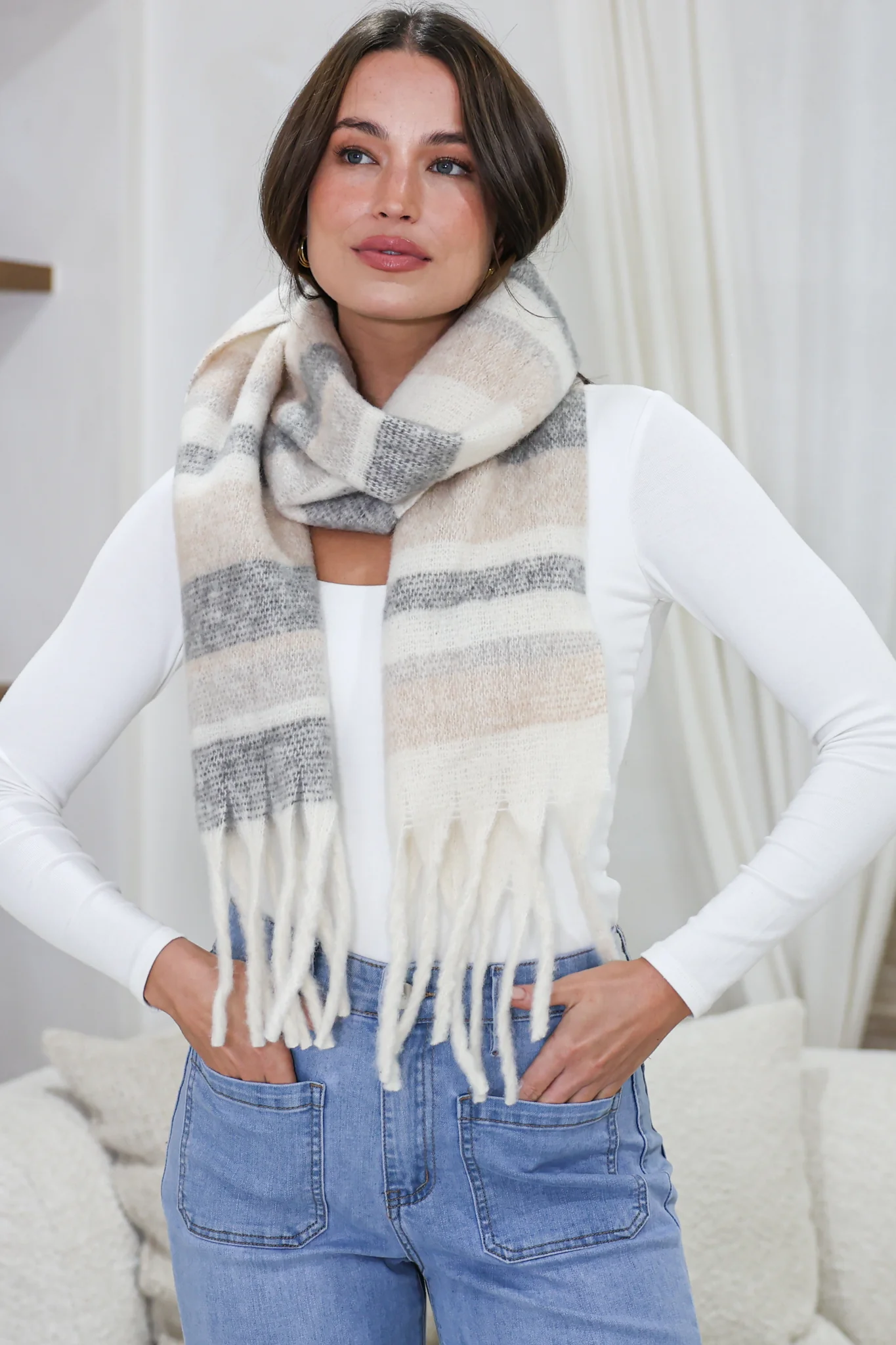 Chaplin Scarf - Soft Cozy Wrap Scarf Check Print in Beige - Image 2