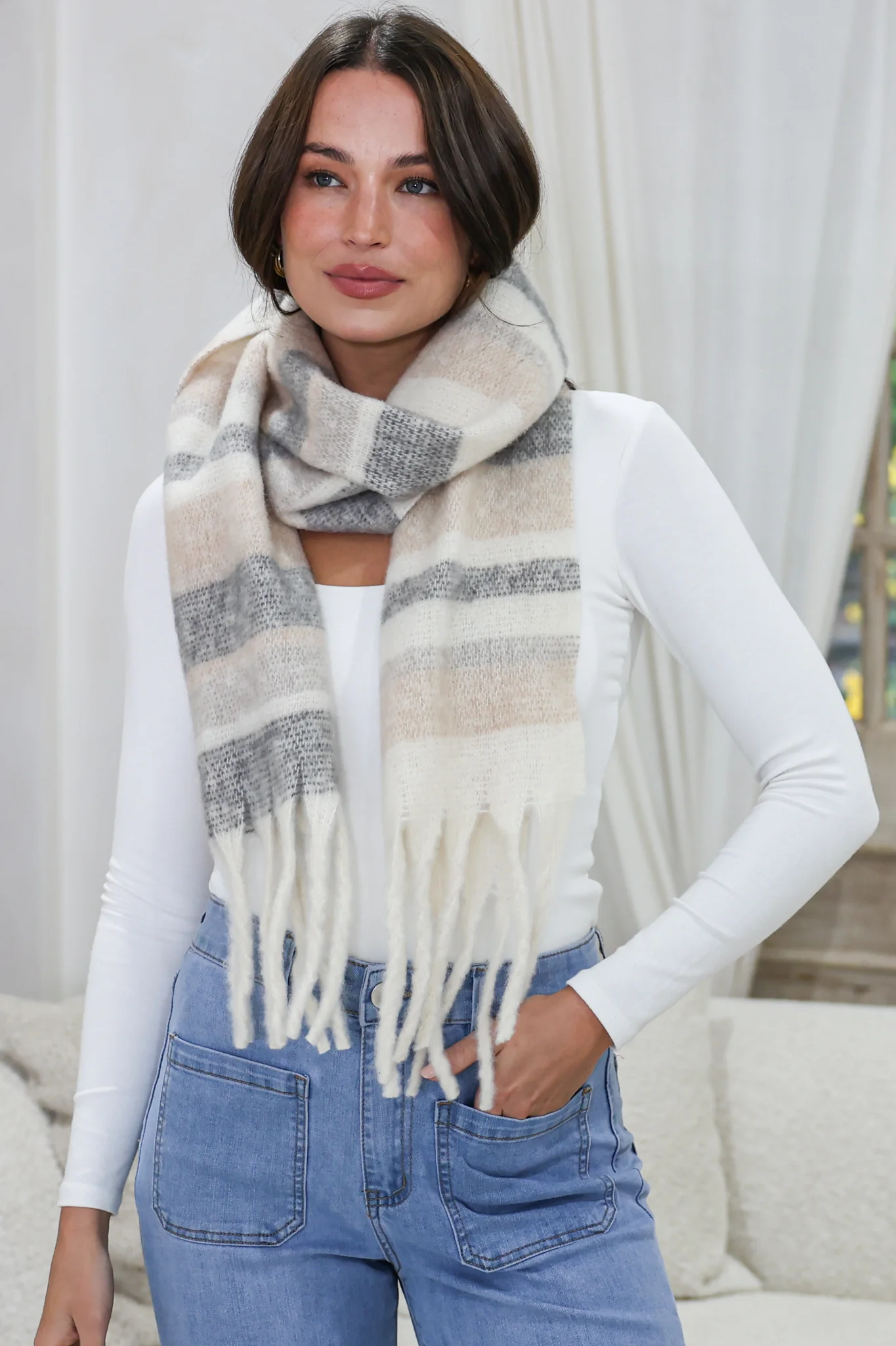 Chaplin Scarf - Soft Cozy Wrap Scarf Check Print in Beige - Image 4