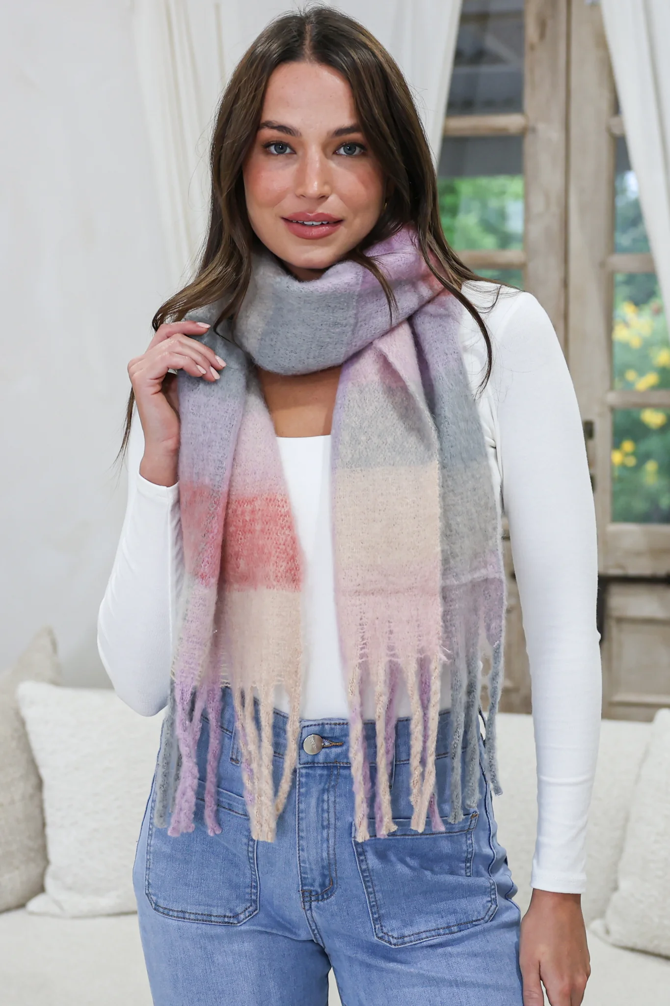 Chaplin Scarf - Soft Cozy Wrap Scarf Check Print in Pink Multi - Image 2