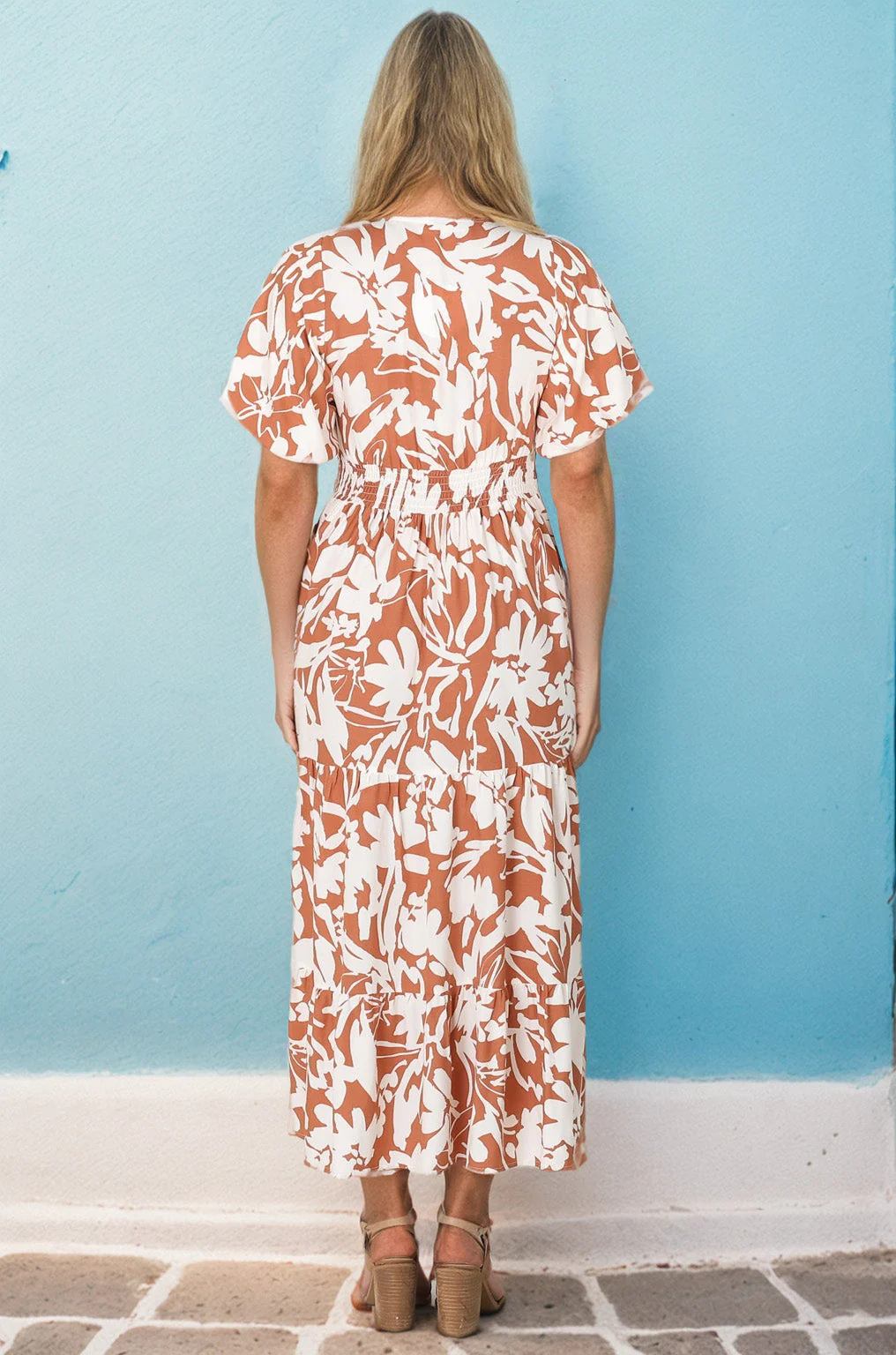 Charis Midi Dress - Pull In V Neckline Dress With Cap Balloon Sleeves In Rust - Image 15