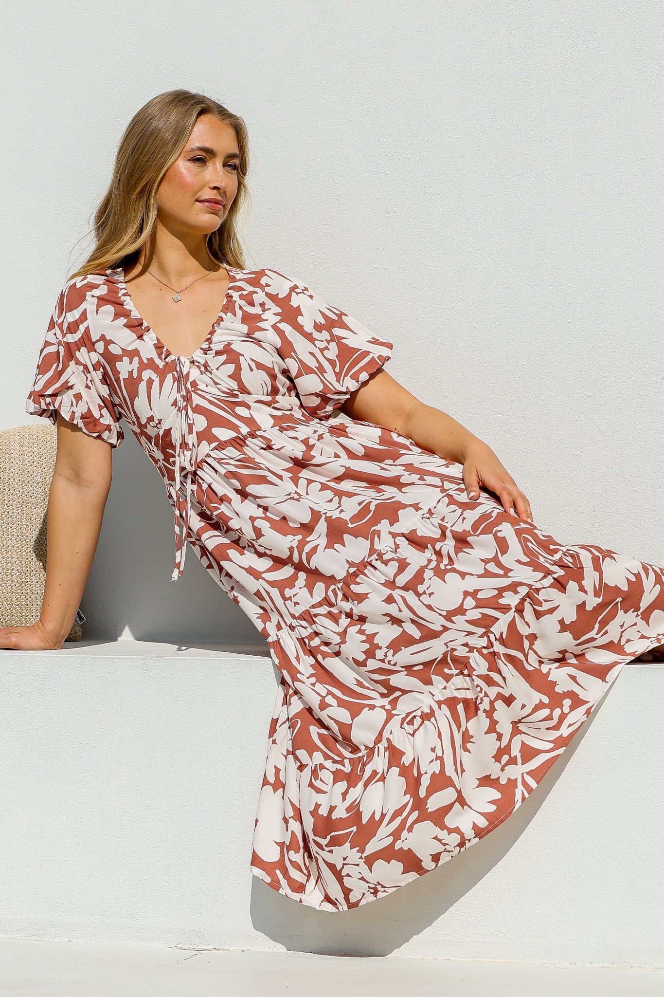 Charis Midi Dress - Pull In V Neckline Dress With Cap Balloon Sleeves In Rust - Image 3