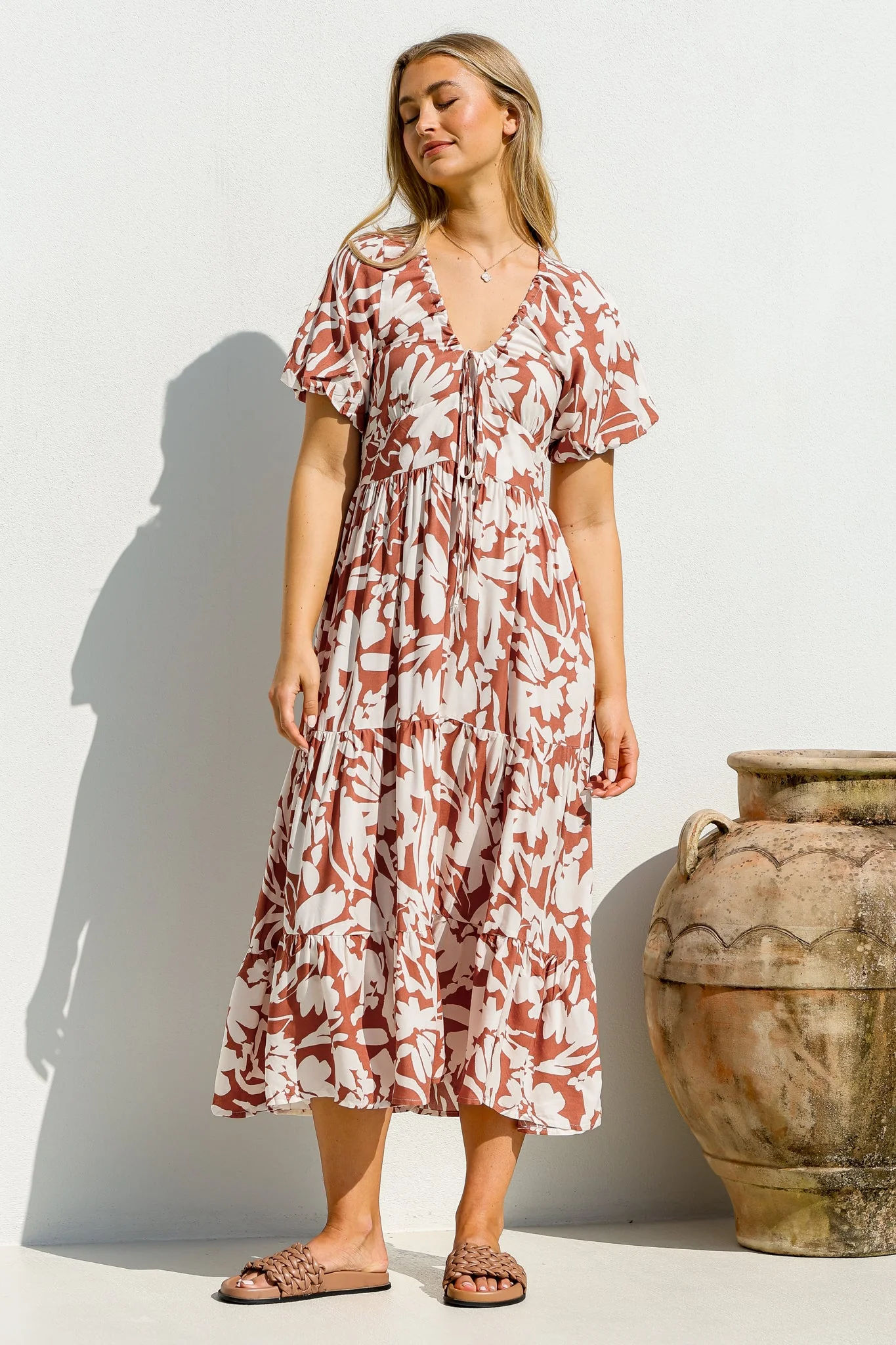 Charis Midi Dress - Pull In V Neckline Dress With Cap Balloon Sleeves In Rust - Image 4