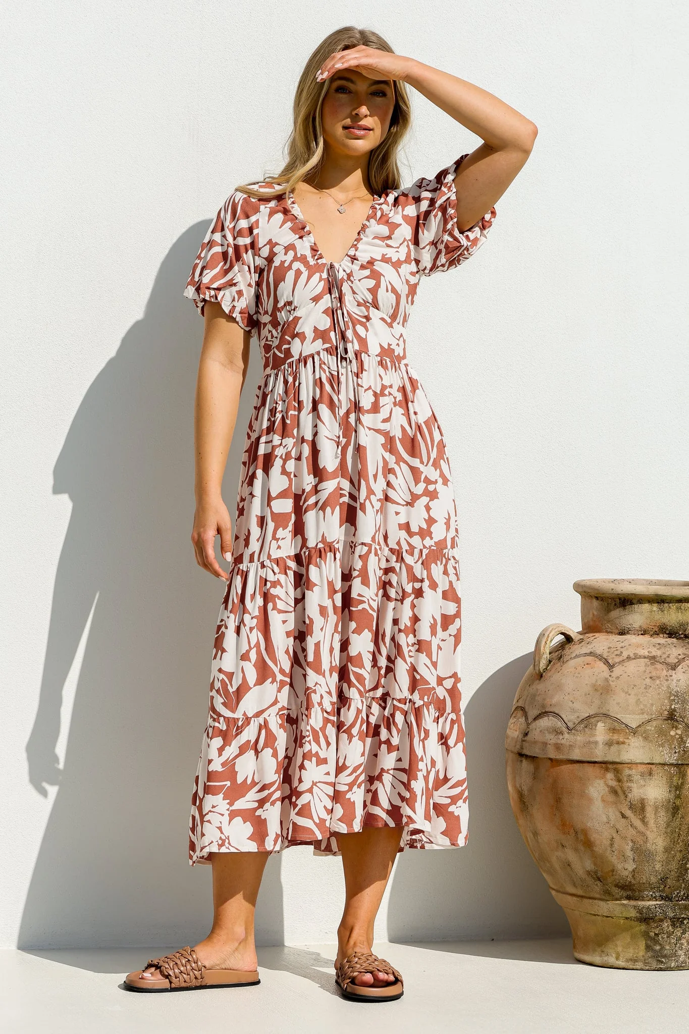Charis Midi Dress - Pull In V Neckline Dress With Cap Balloon Sleeves In Rust - Image 5