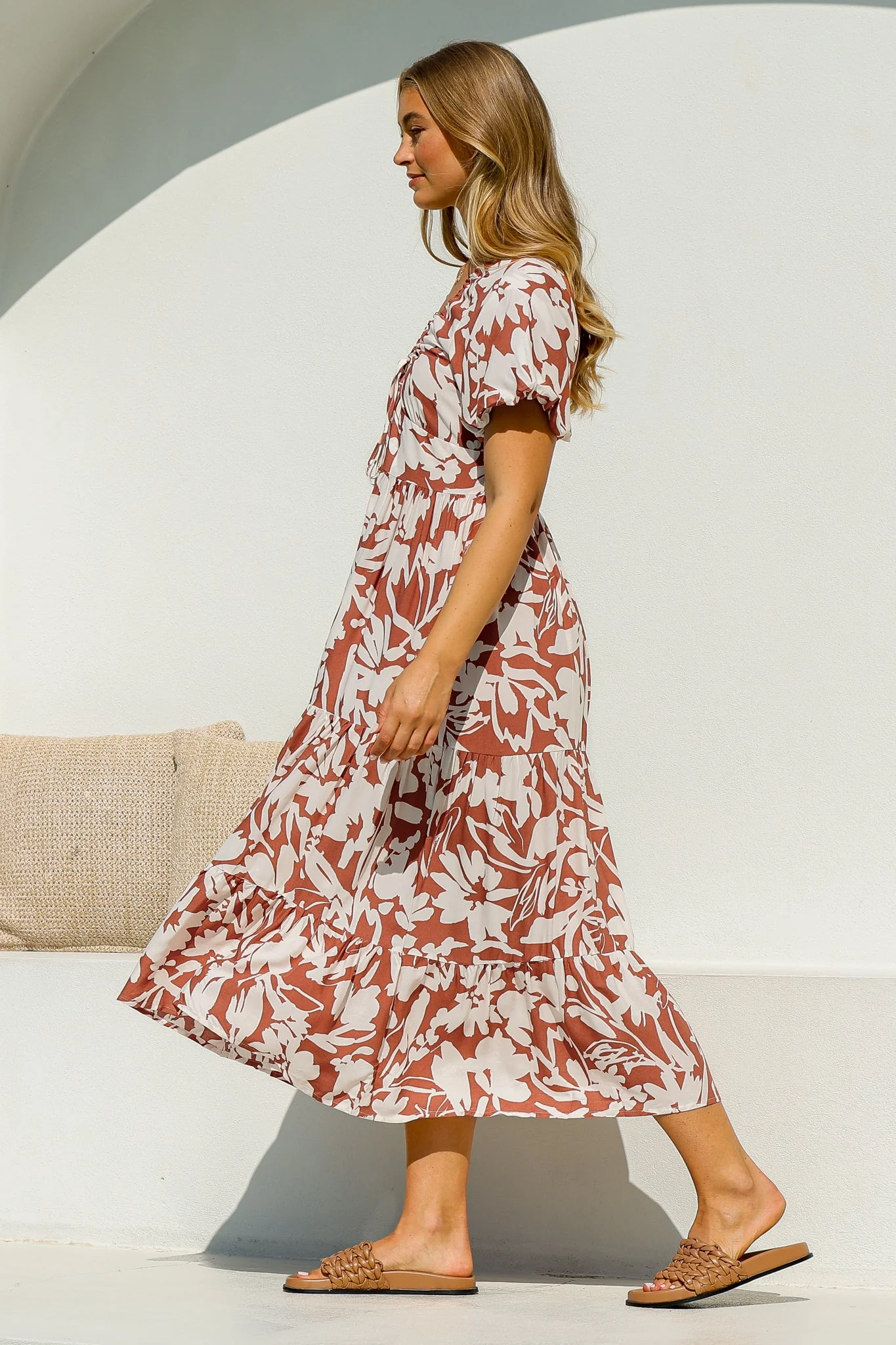 Charis Midi Dress - Pull In V Neckline Dress With Cap Balloon Sleeves In Rust - Image 6