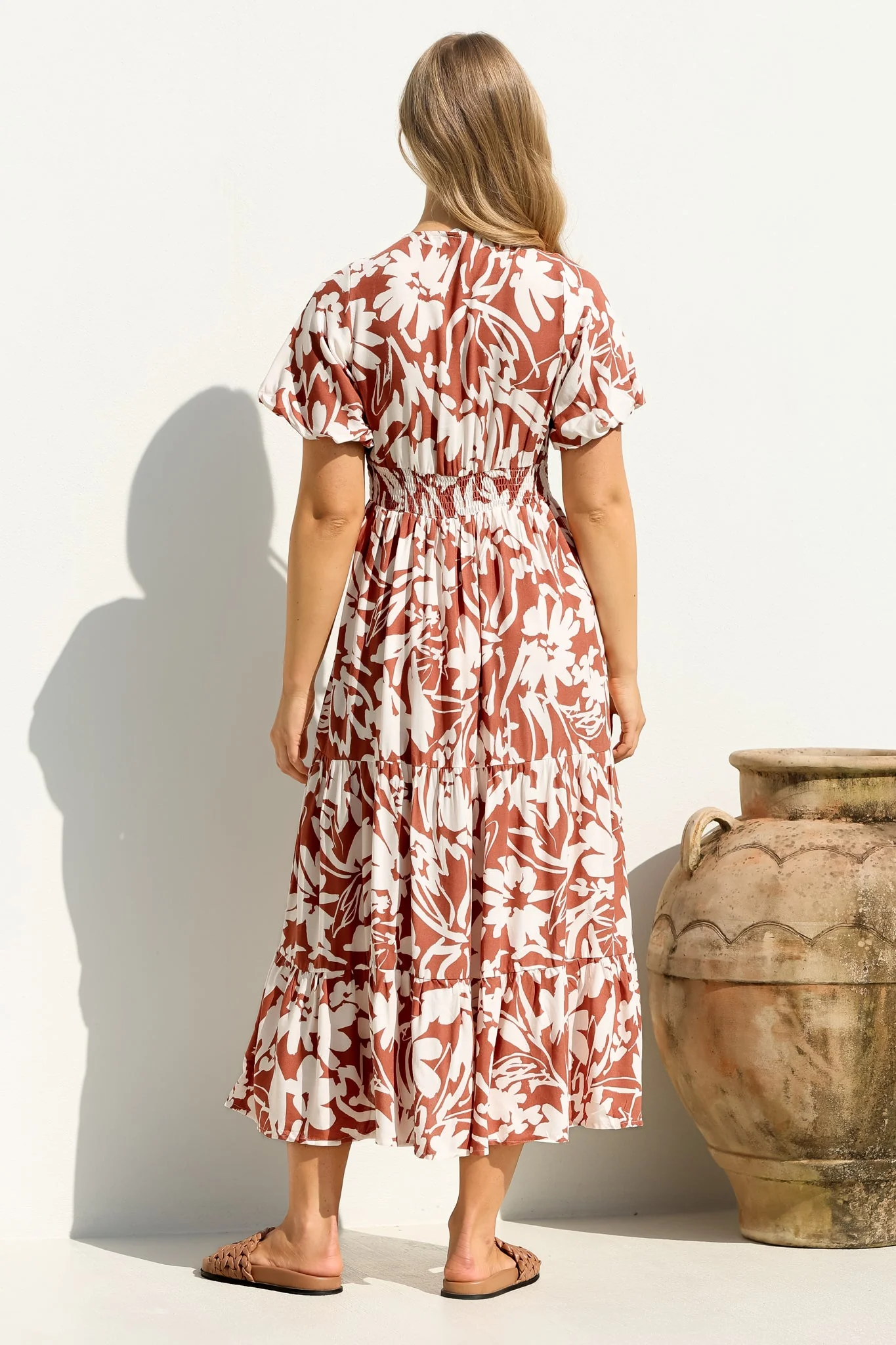 Charis Midi Dress - Pull In V Neckline Dress With Cap Balloon Sleeves In Rust - Image 7