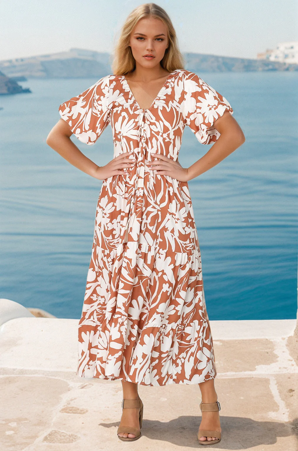 Charis Midi Dress - Pull In V Neckline Dress With Cap Balloon Sleeves In Rust - Image 8