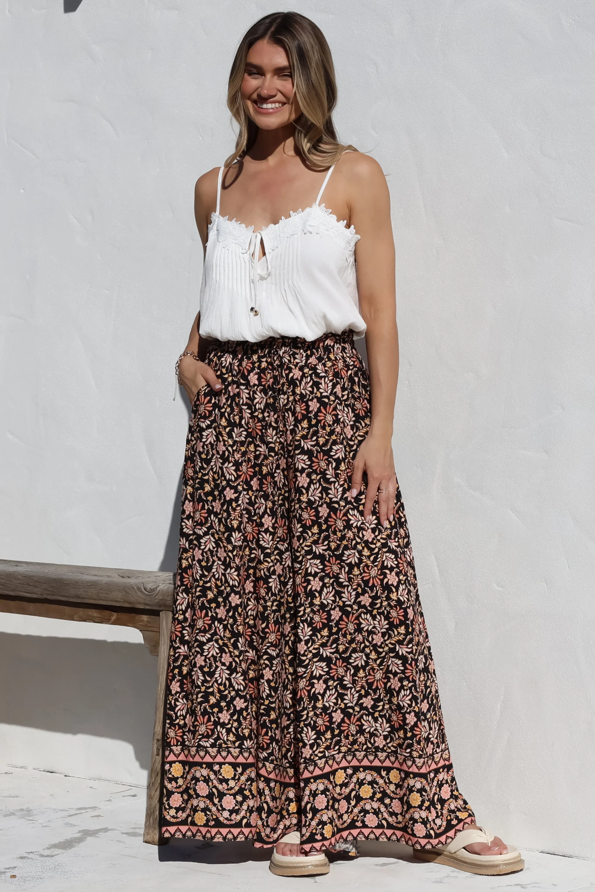 Charli Pants -  Paper Bag High Waisted Wide Leg Pants in Amirah Print