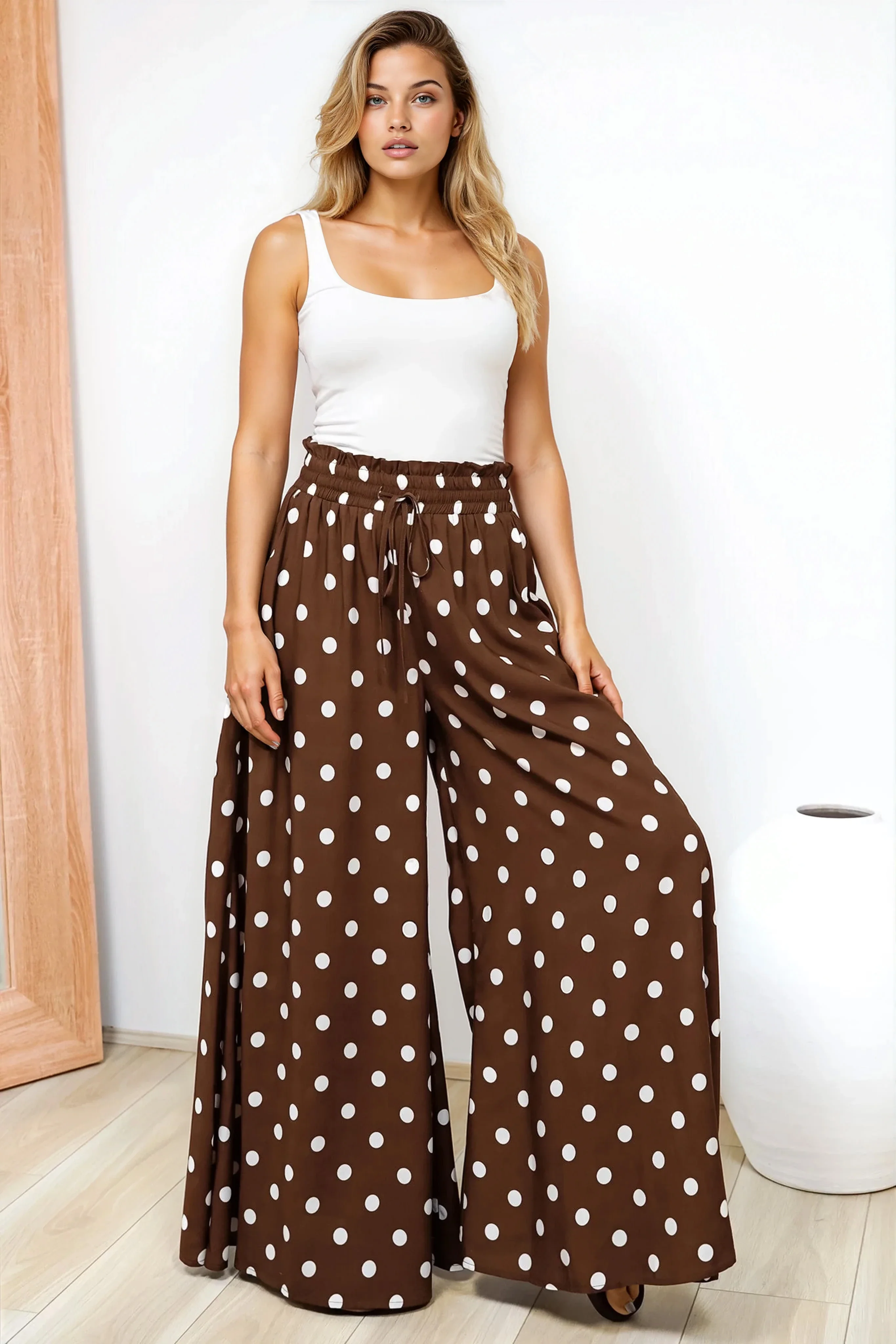 Charli Pants - Paper Bag High Waisted Wide Leg Pants in Ashti Spot Print Brown