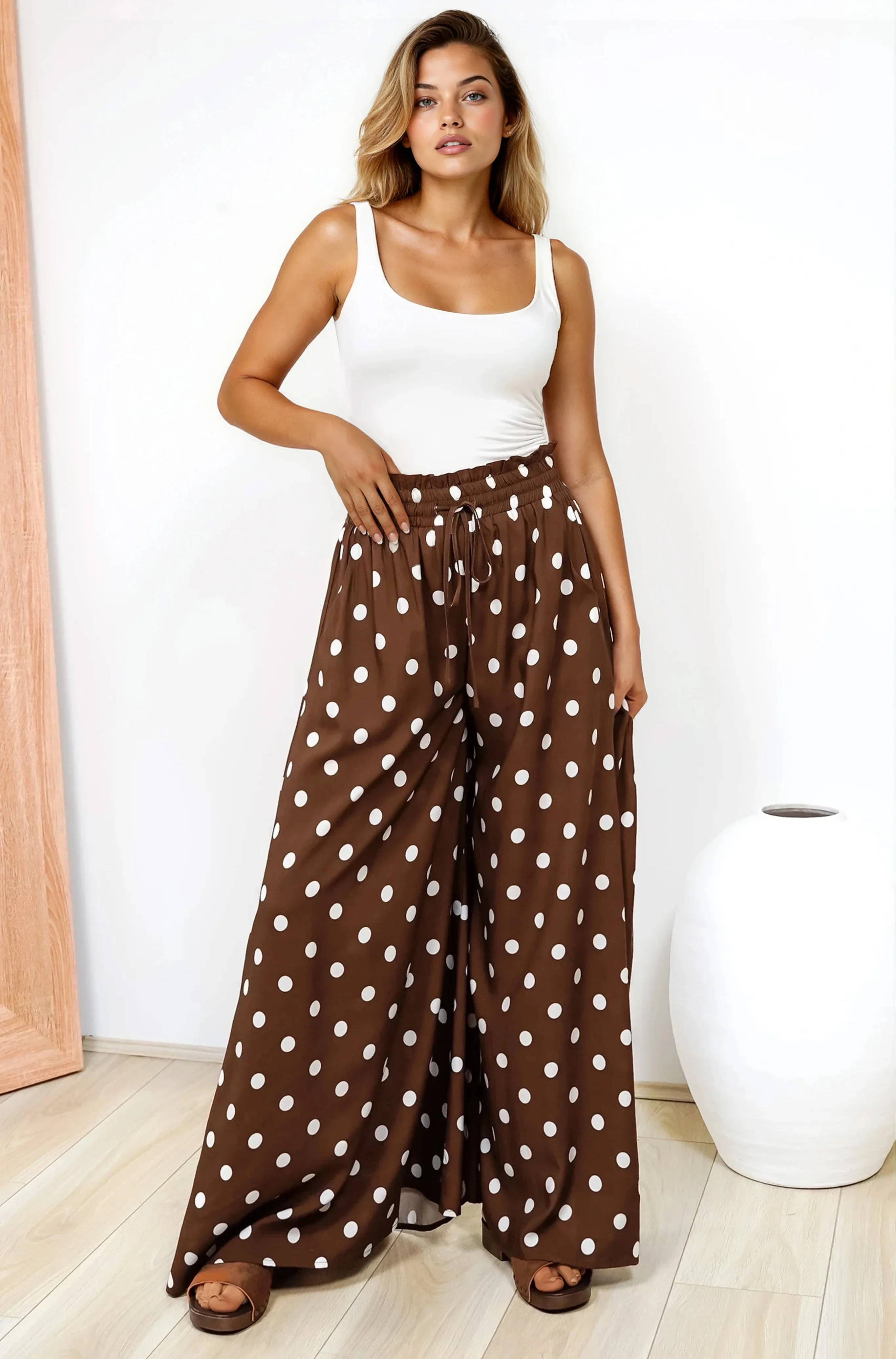 Charli Pants - Paper Bag High Waisted Wide Leg Pants in Ashti Spot Print Brown - Image 8
