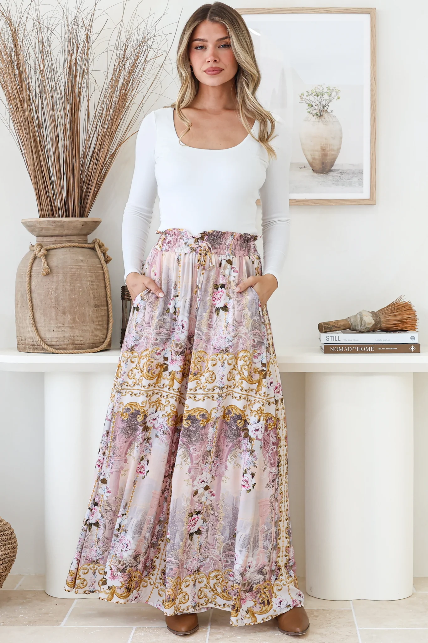 Charli Pants - Paper Bag High Waisted Wide Leg Pants in Baroque Print - Image 4