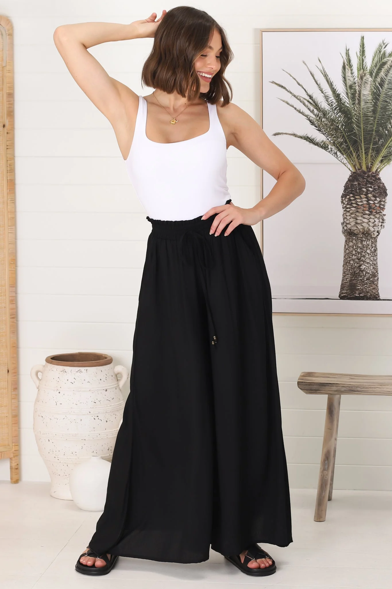 Charli Pants - Paper Bag High Waisted Wide Leg Pants in Black - Image 3