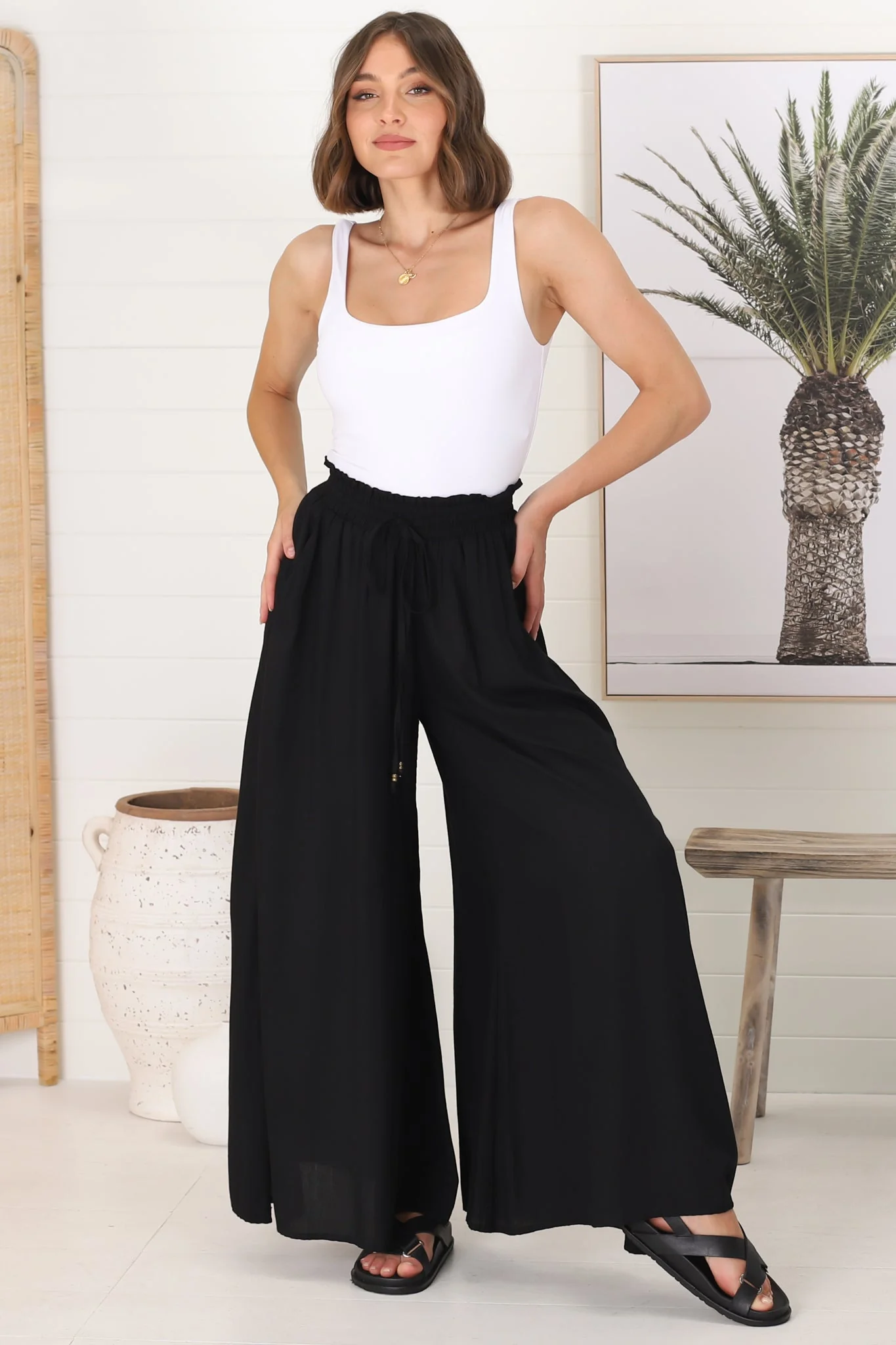 Charli Pants - Paper Bag High Waisted Wide Leg Pants in Black - Image 4