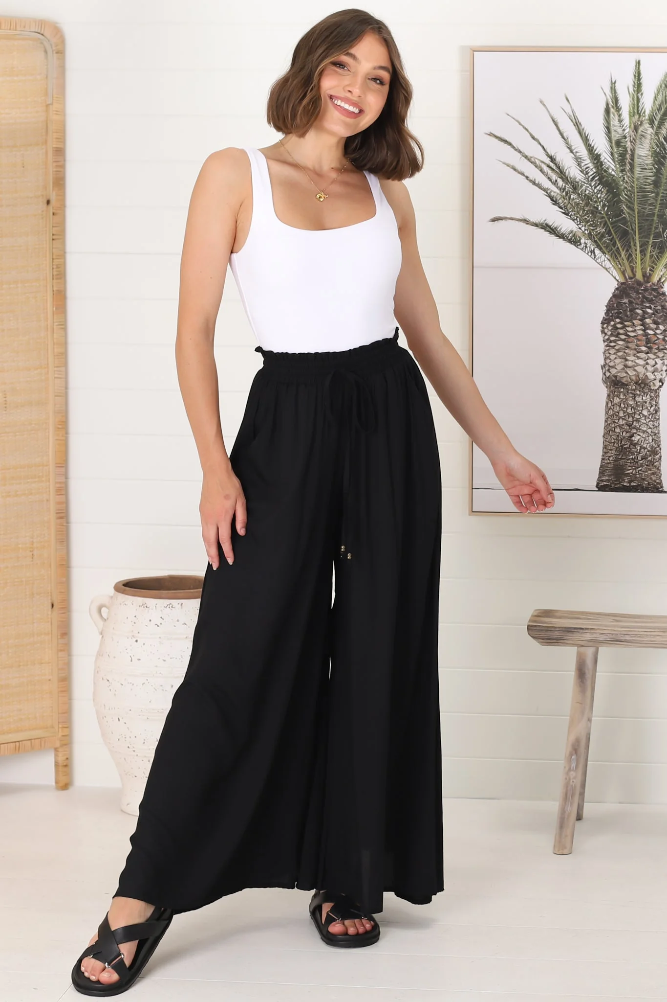 Charli Pants - Paper Bag High Waisted Wide Leg Pants in Black - Image 5