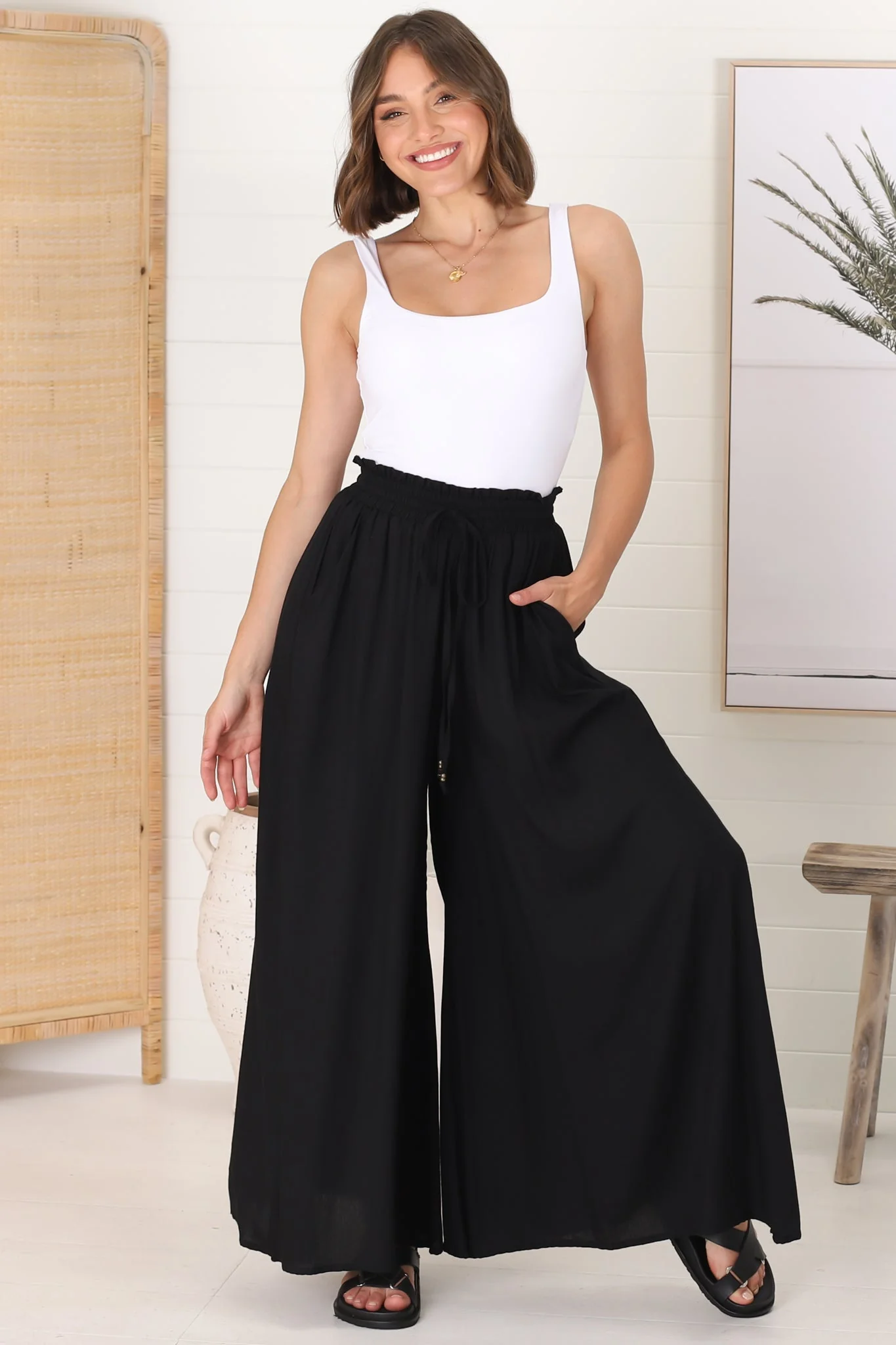 Charli Pants - Paper Bag High Waisted Wide Leg Pants in Black - Image 6
