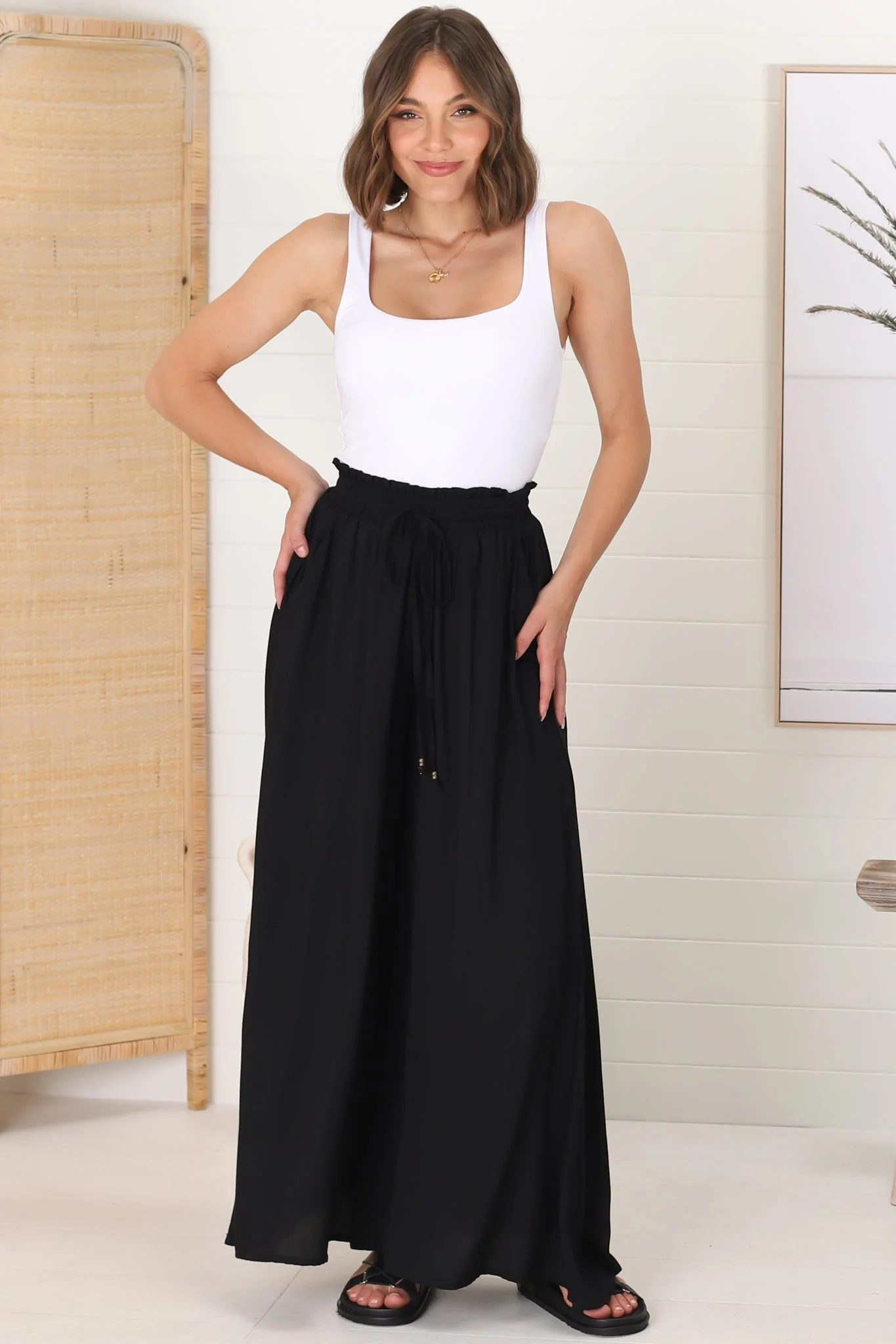 Charli Pants - Paper Bag High Waisted Wide Leg Pants in Black - Image 7