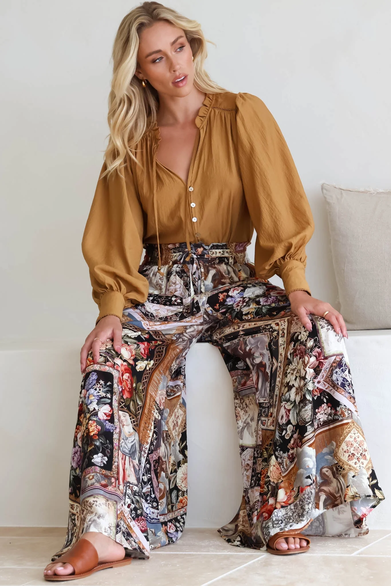 Charli Pants - Paper Bag High Waisted Wide Leg Pants in Elaine Print - Image 2