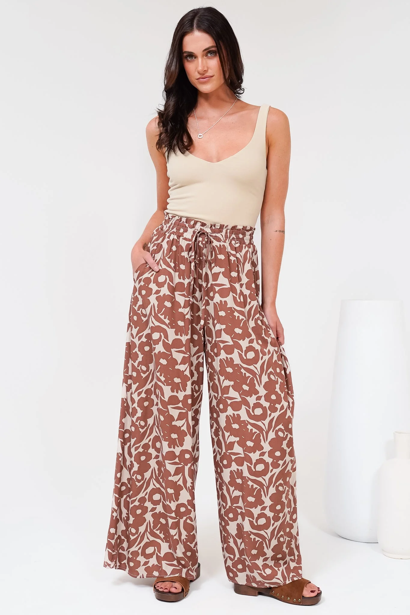 Charli Pants - Paper Bag High Waisted Wide Leg Pants in Emma-Jade Print Brown - Image 2