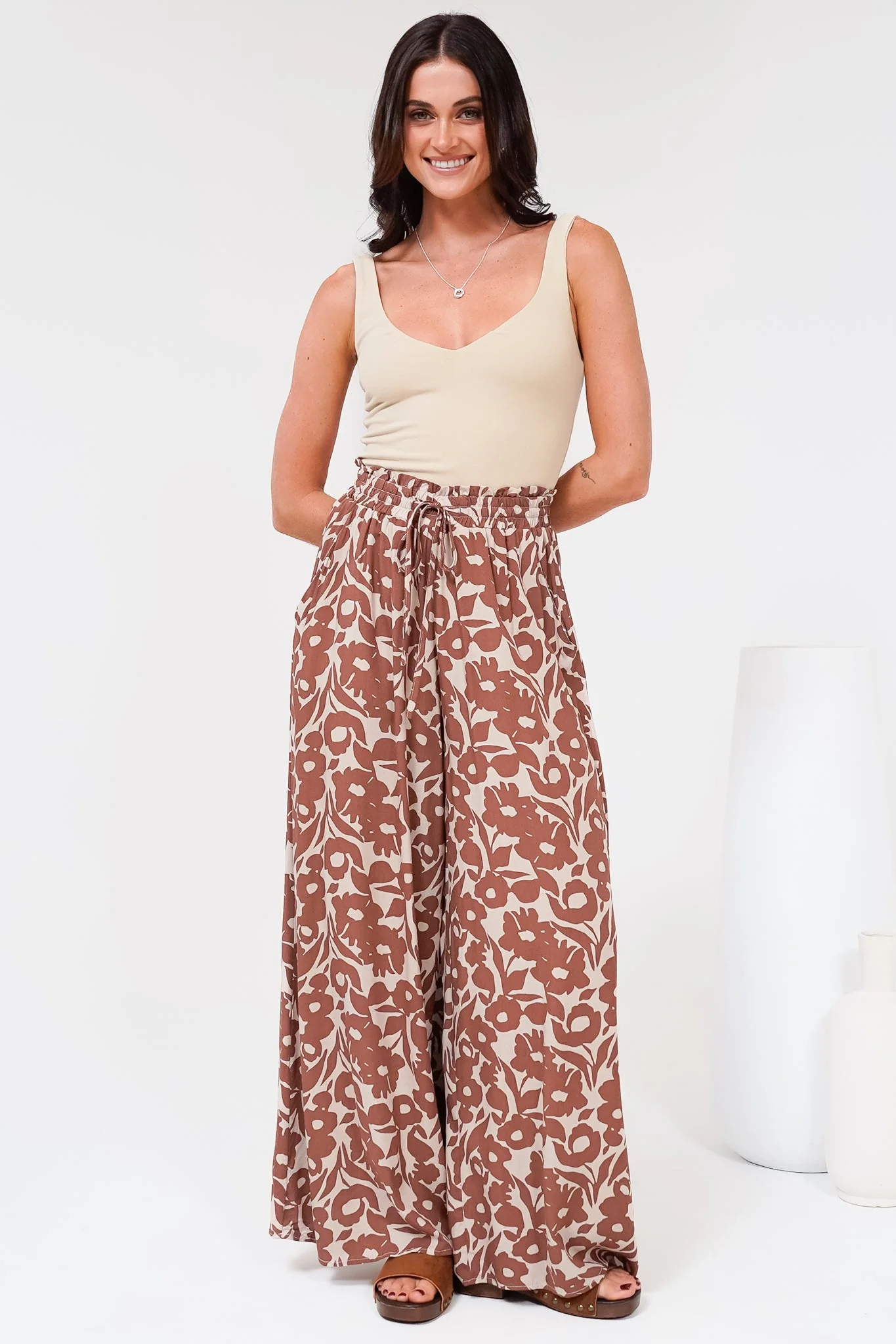 Charli Pants - Paper Bag High Waisted Wide Leg Pants in Emma-Jade Print Brown - Image 4
