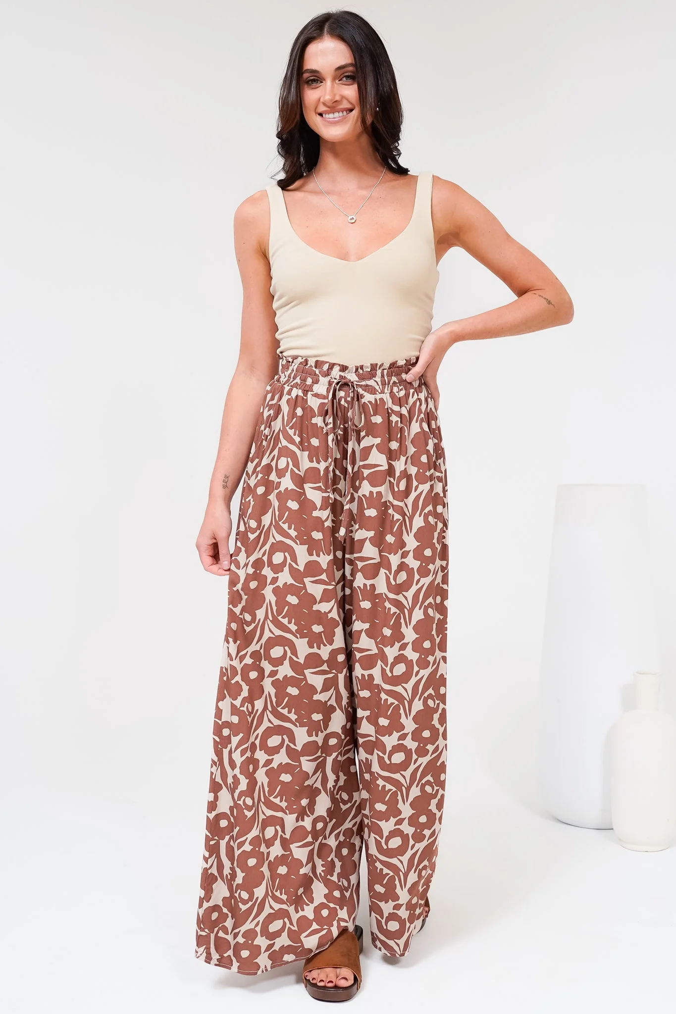 Charli Pants - Paper Bag High Waisted Wide Leg Pants in Emma-Jade Print Brown - Image 5