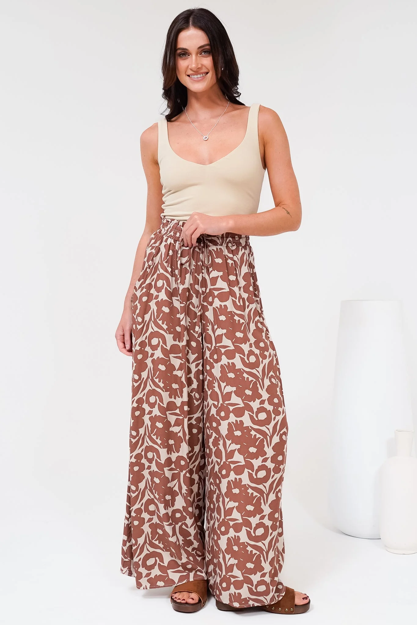 Charli Pants - Paper Bag High Waisted Wide Leg Pants in Emma-Jade Print Brown - Image 6