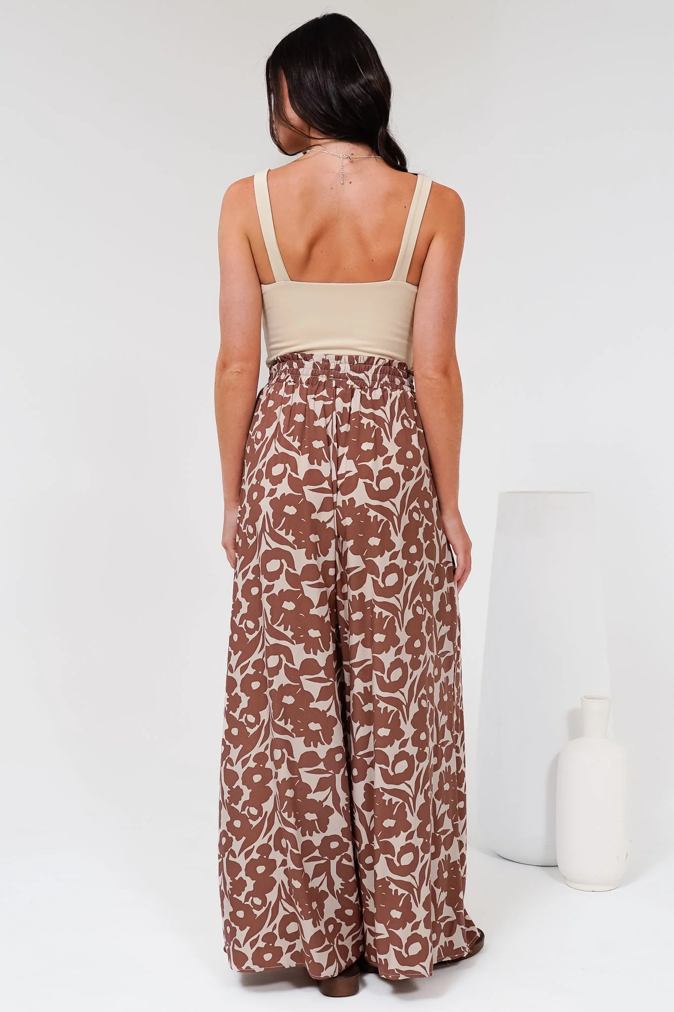 Charli Pants - Paper Bag High Waisted Wide Leg Pants in Emma-Jade Print Brown - Image 8