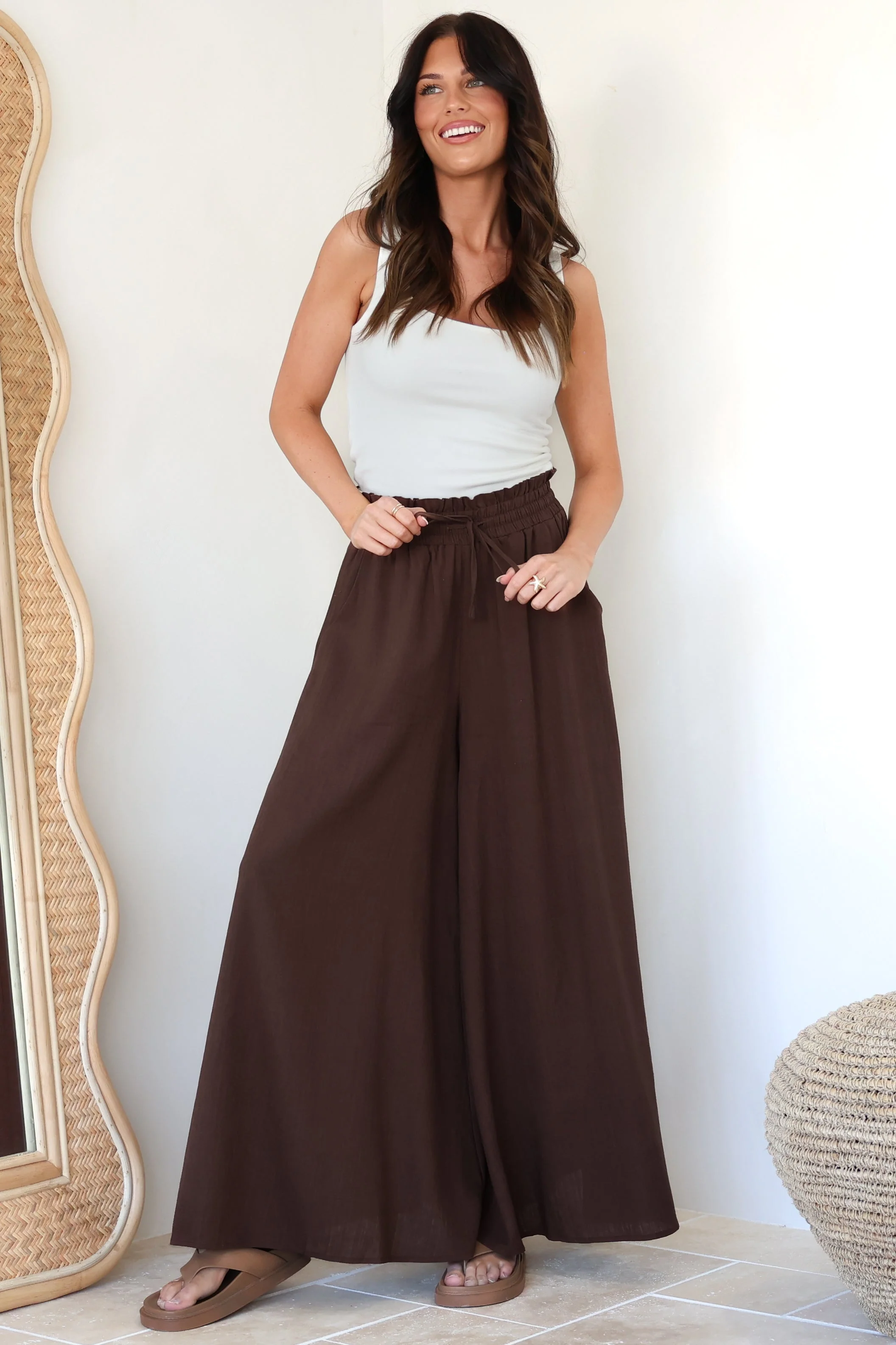 Charli Pants - Paper Bag High Waisted Wide Leg Pants in Brown