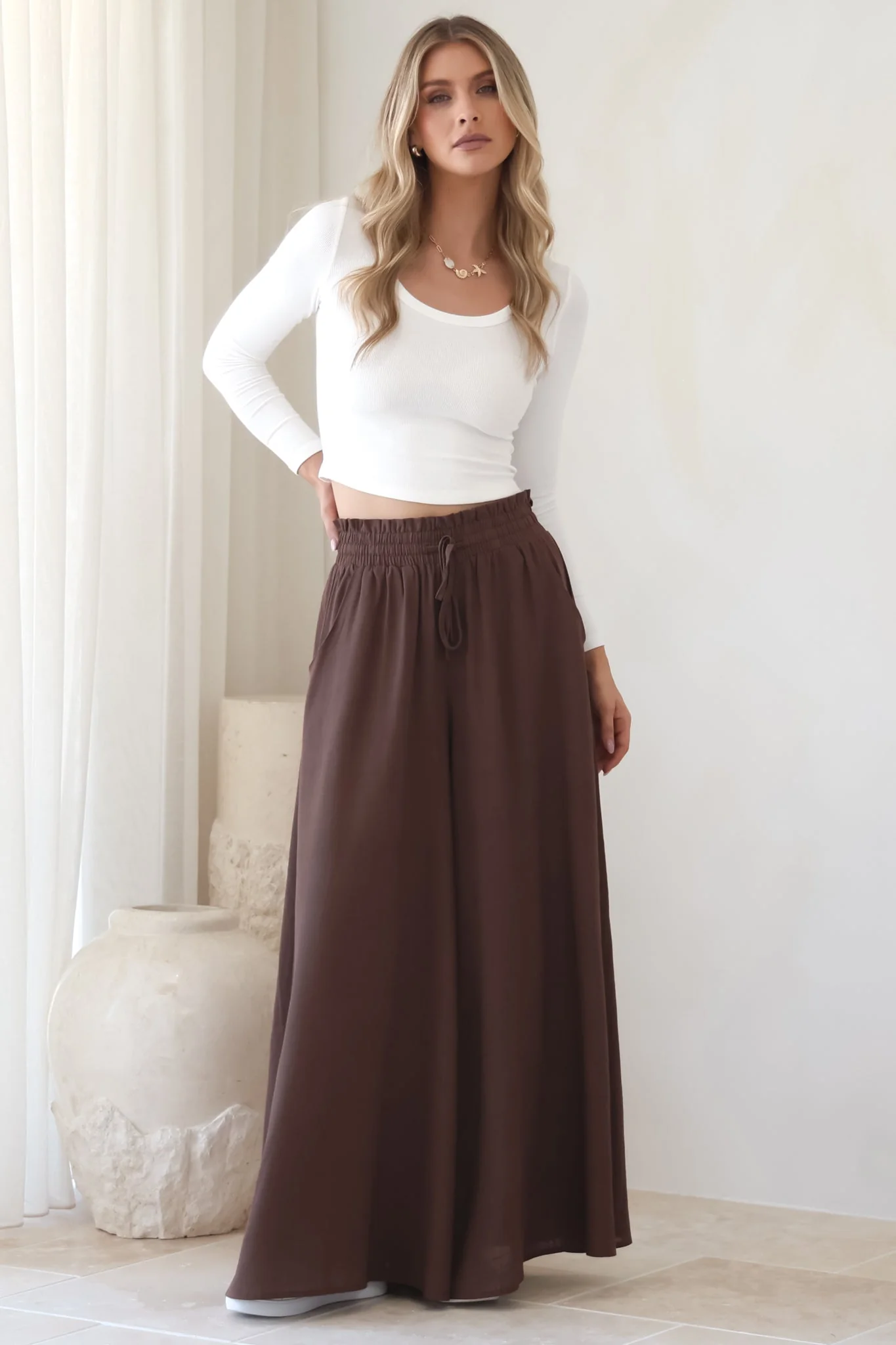 Charli Pants - Paper Bag High Waisted Wide Leg Pants in Brown - Image 11