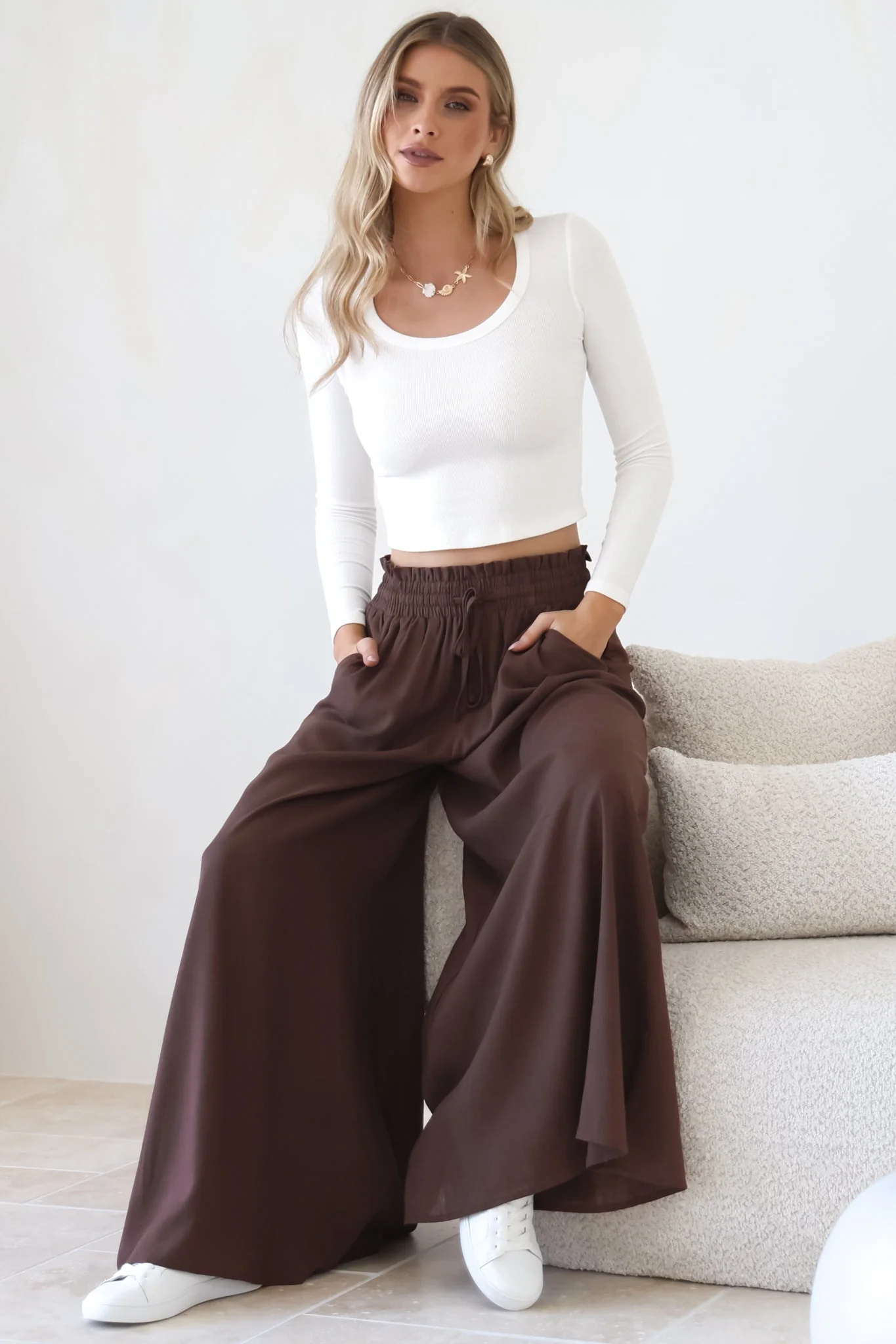 Charli Pants - Paper Bag High Waisted Wide Leg Pants in Brown - Image 12