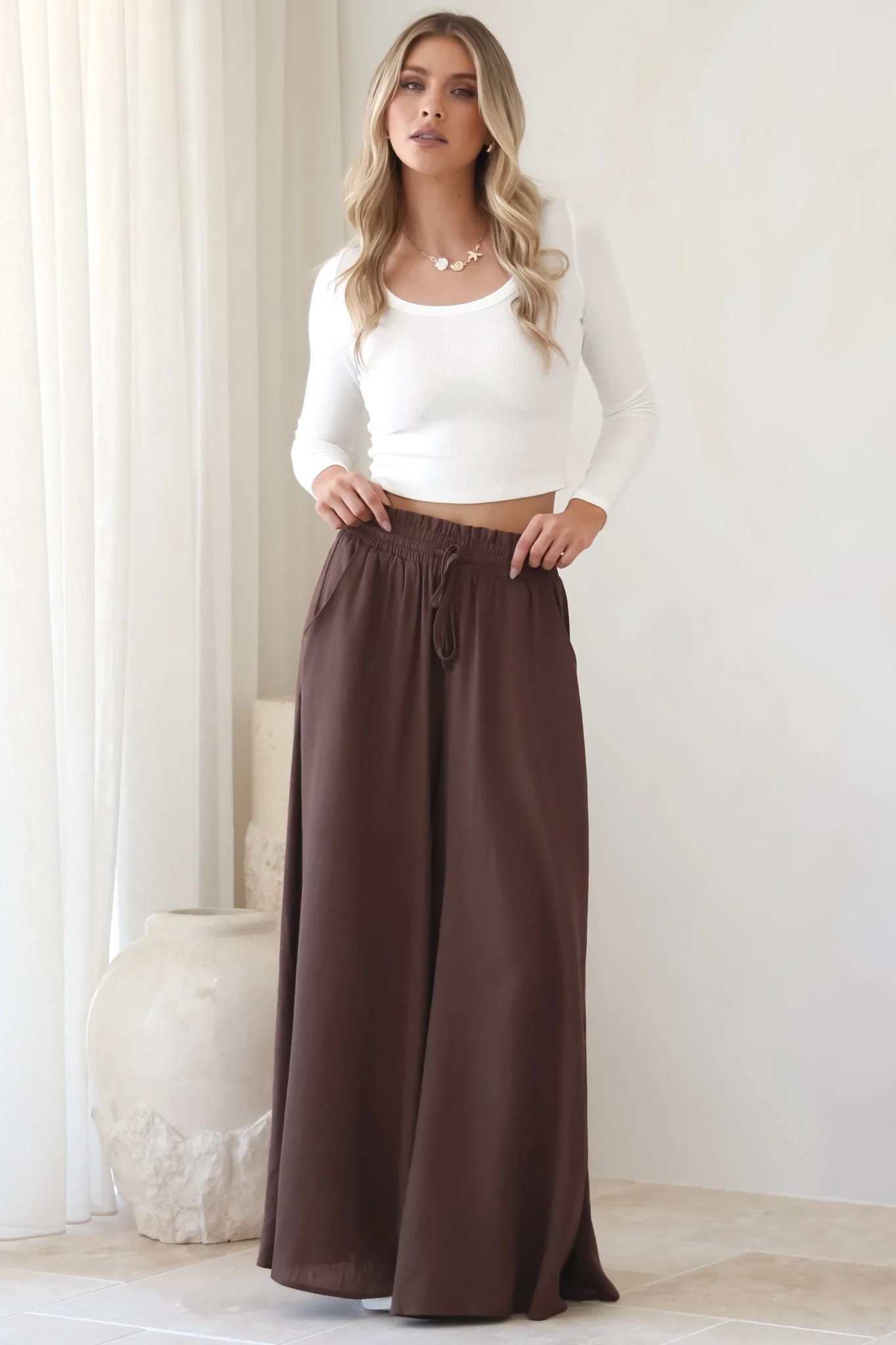 Charli Pants - Paper Bag High Waisted Wide Leg Pants in Brown - Image 13