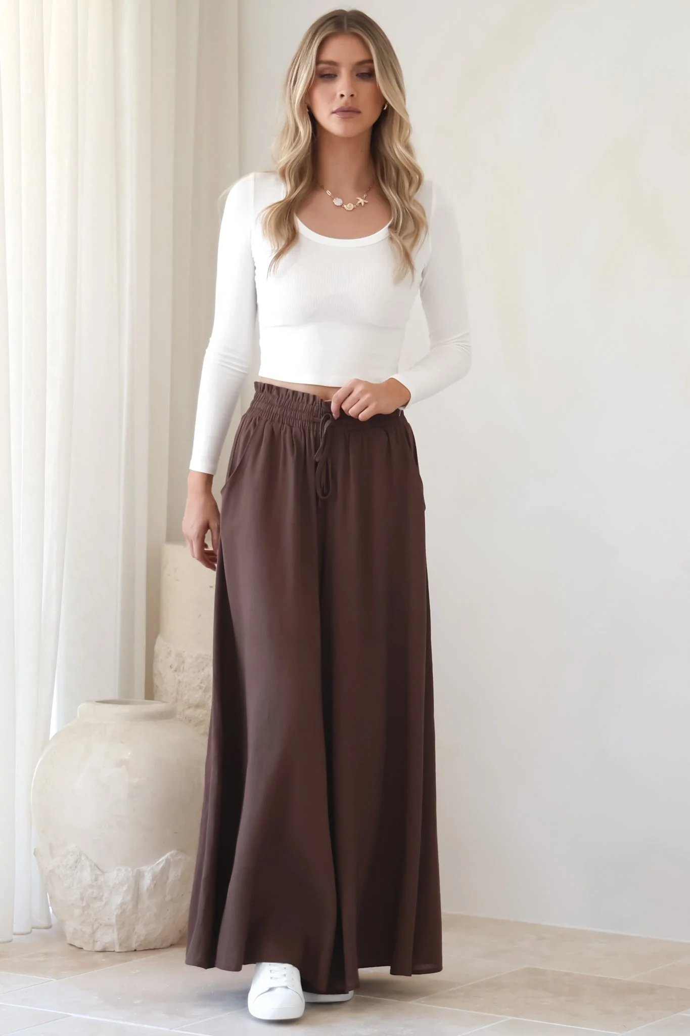 Charli Pants - Paper Bag High Waisted Wide Leg Pants in Brown - Image 14