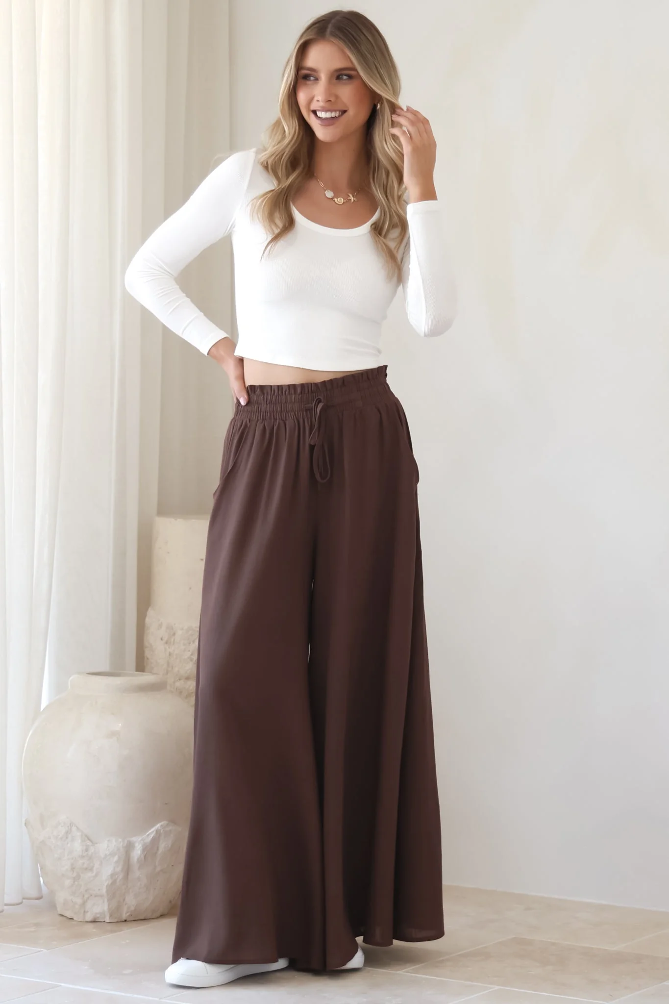 Charli Pants - Paper Bag High Waisted Wide Leg Pants in Brown - Image 15