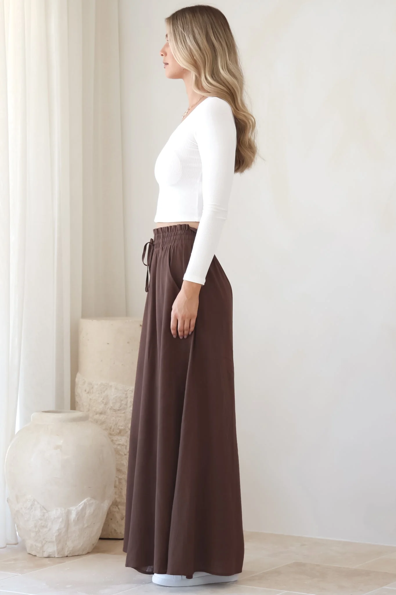 Charli Pants - Paper Bag High Waisted Wide Leg Pants in Brown - Image 16