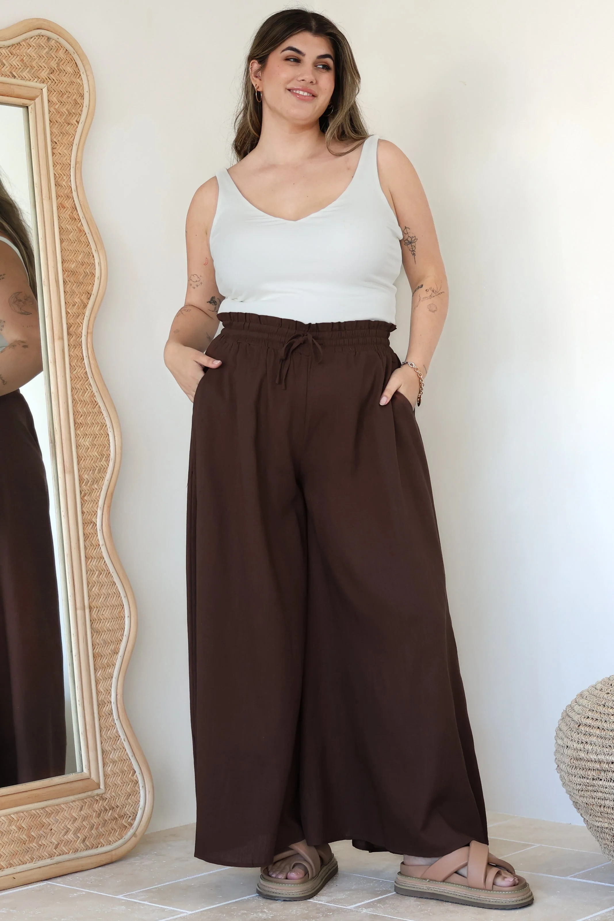 Charli Pants - Paper Bag High Waisted Wide Leg Pants in Brown - Image 3