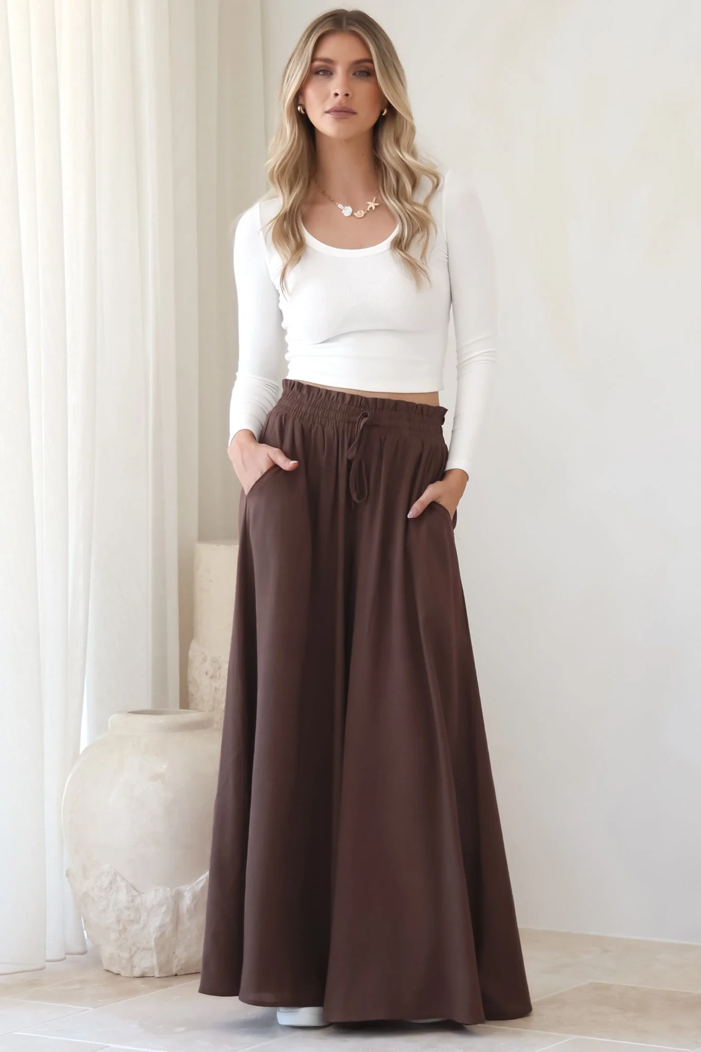 Charli Pants - Paper Bag High Waisted Wide Leg Pants in Brown - Image 4