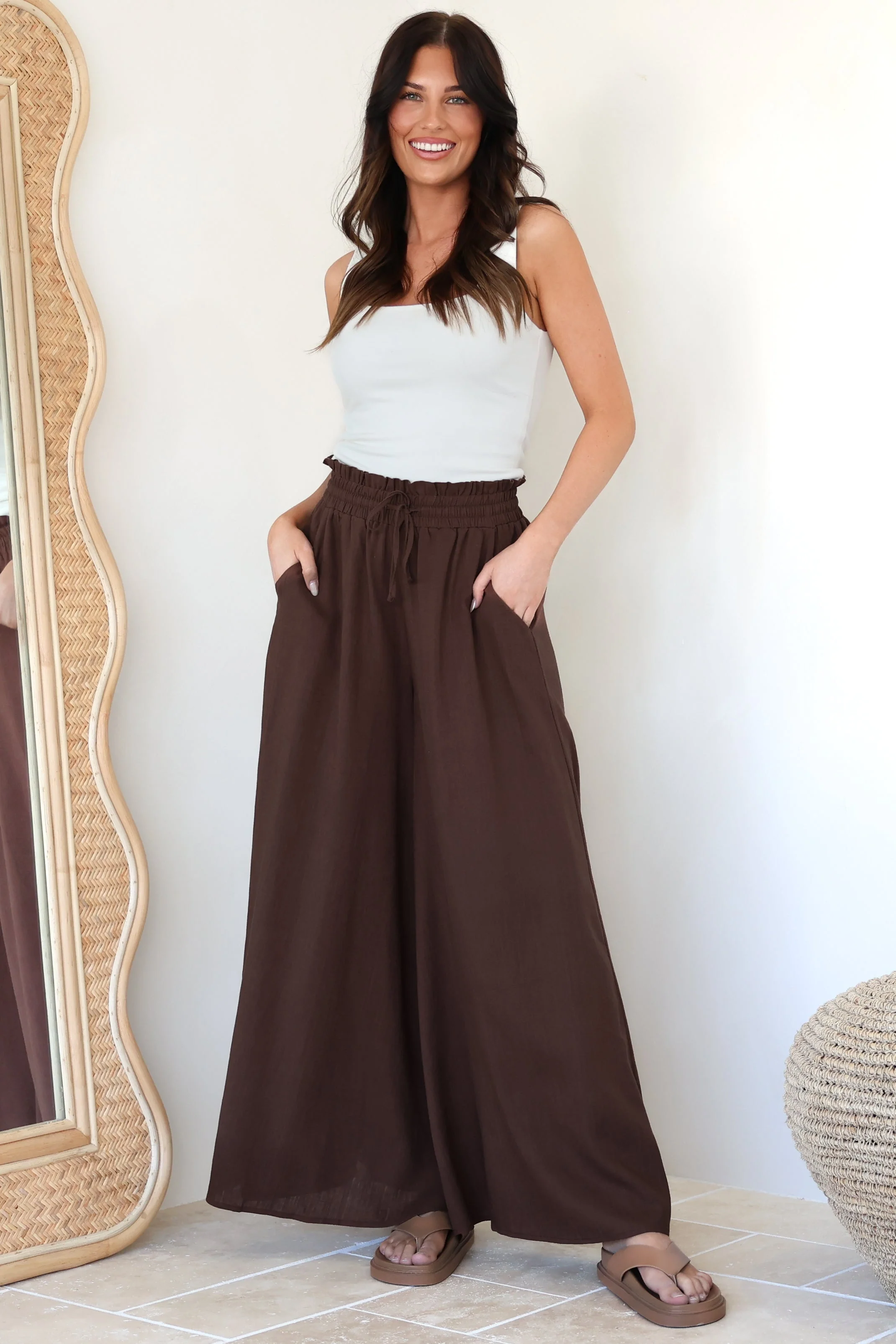 Charli Pants - Paper Bag High Waisted Wide Leg Pants in Brown - Image 5