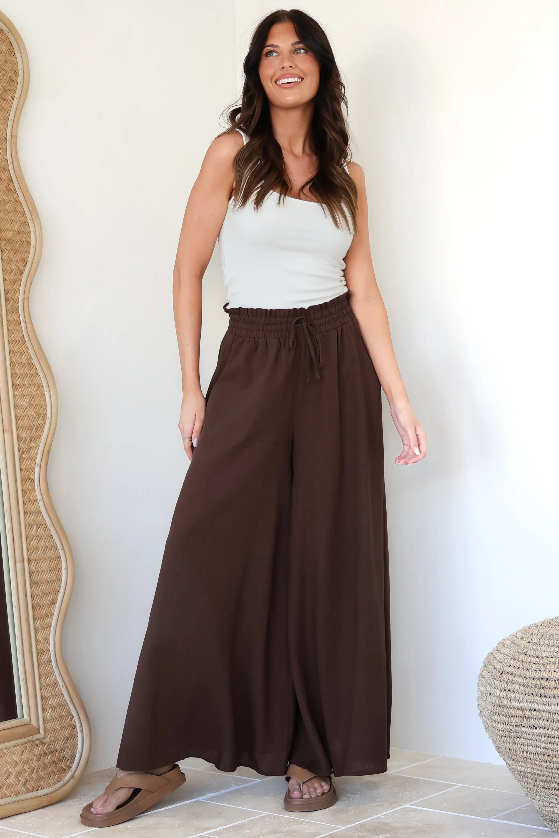 Charli Pants - Paper Bag High Waisted Wide Leg Pants in Brown - Image 6