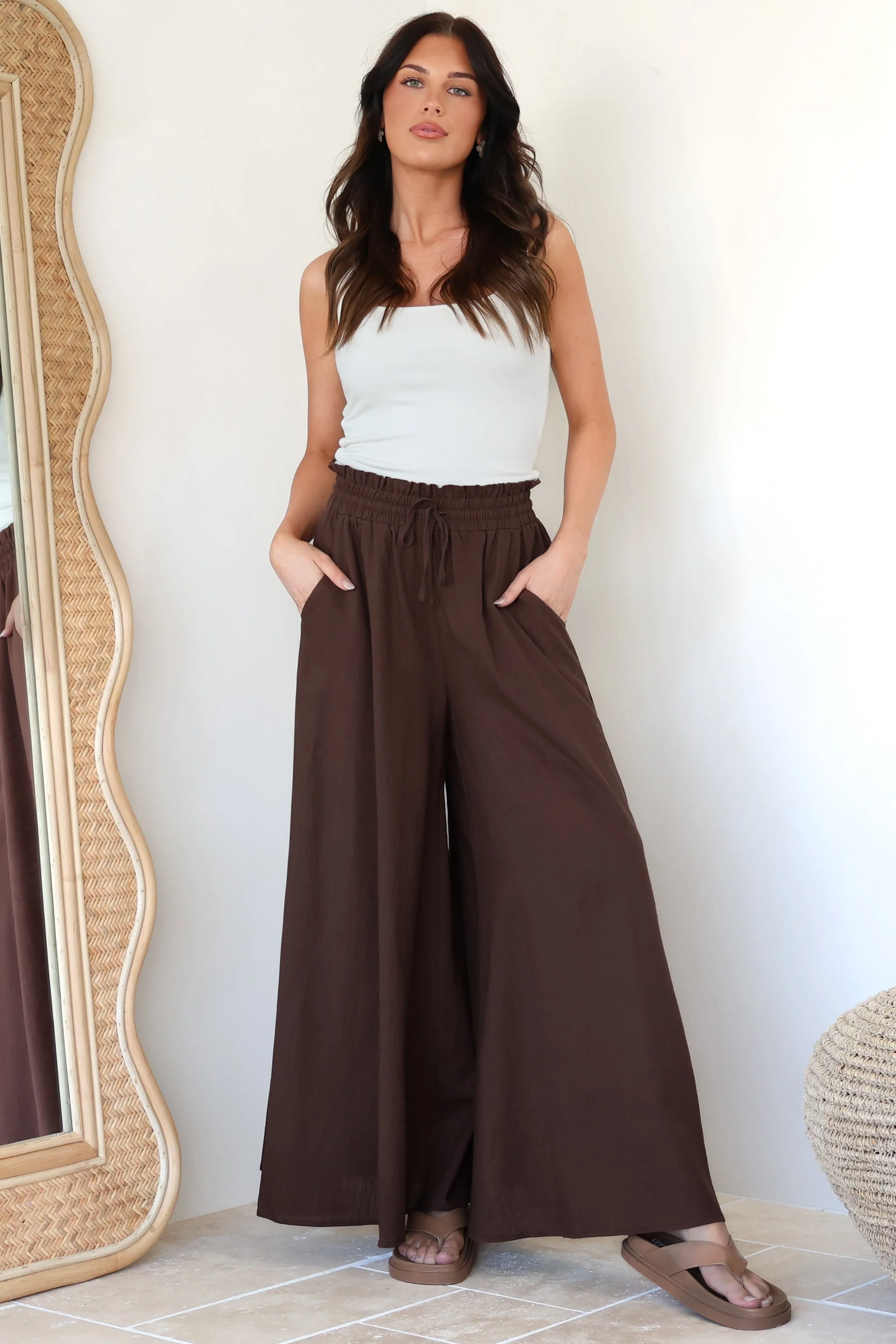 Charli Pants - Paper Bag High Waisted Wide Leg Pants in Brown - Image 8