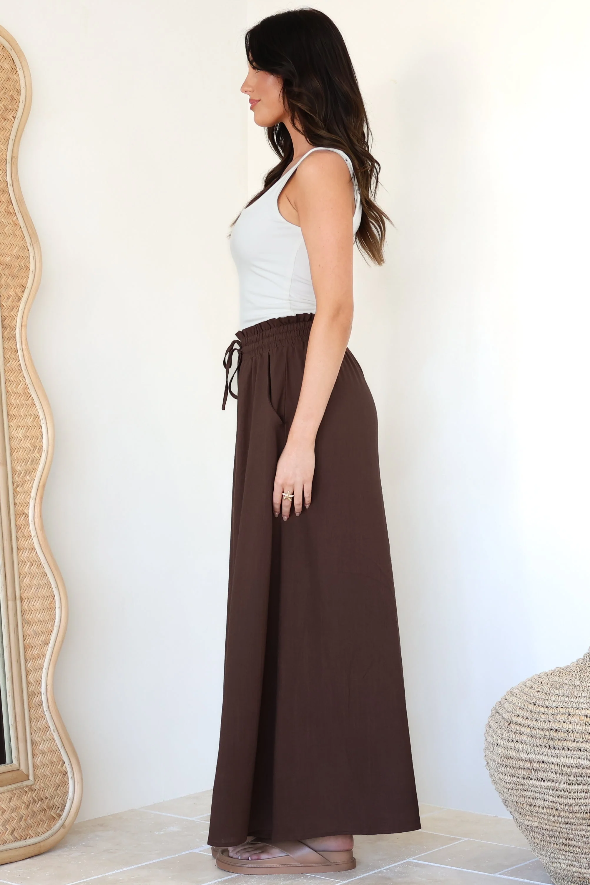 Charli Pants - Paper Bag High Waisted Wide Leg Pants in Brown - Image 9