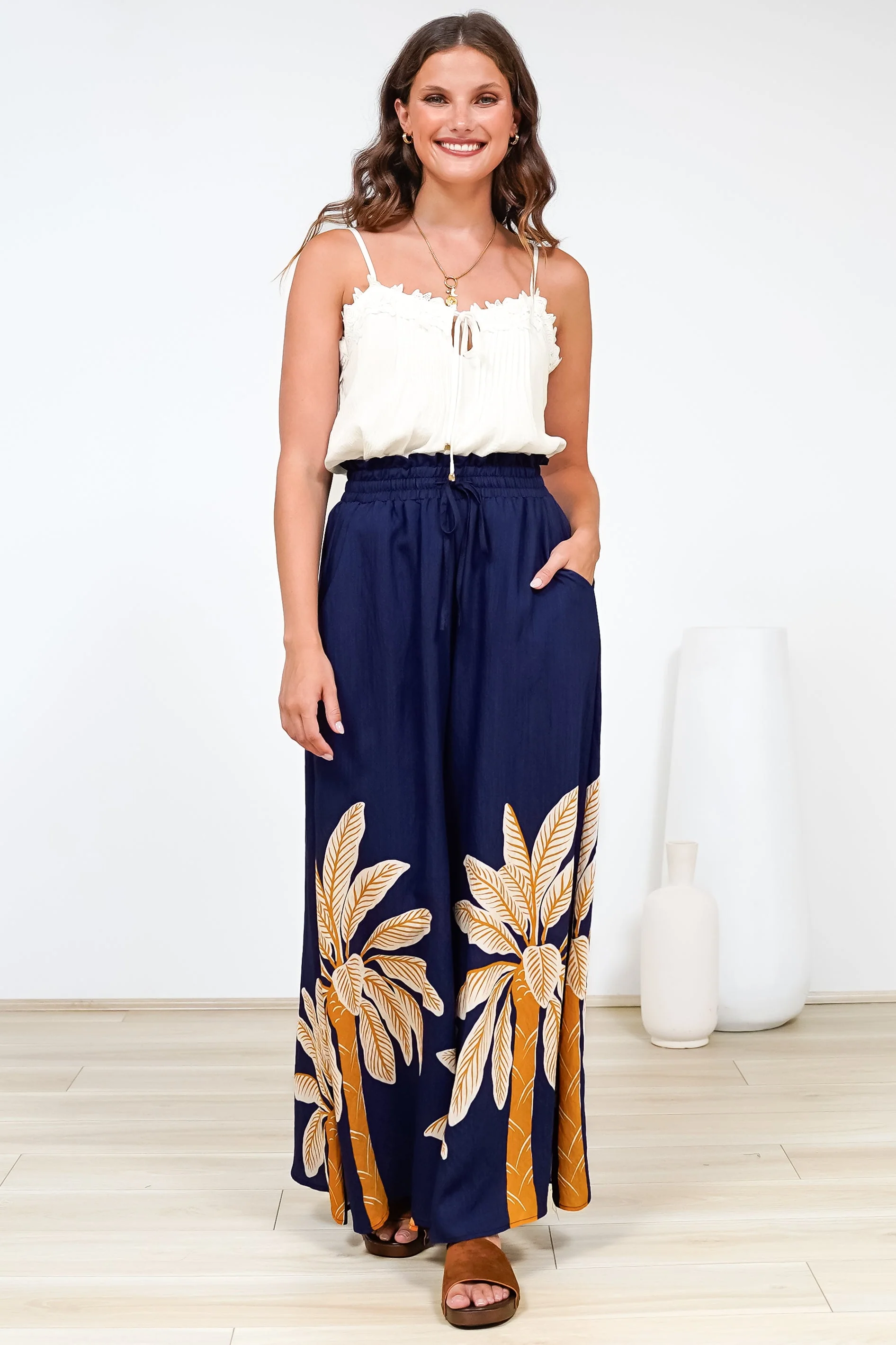 Charli Pants -  Paper Bag High Waisted Wide Leg Pants in Raphael Print - Image 3