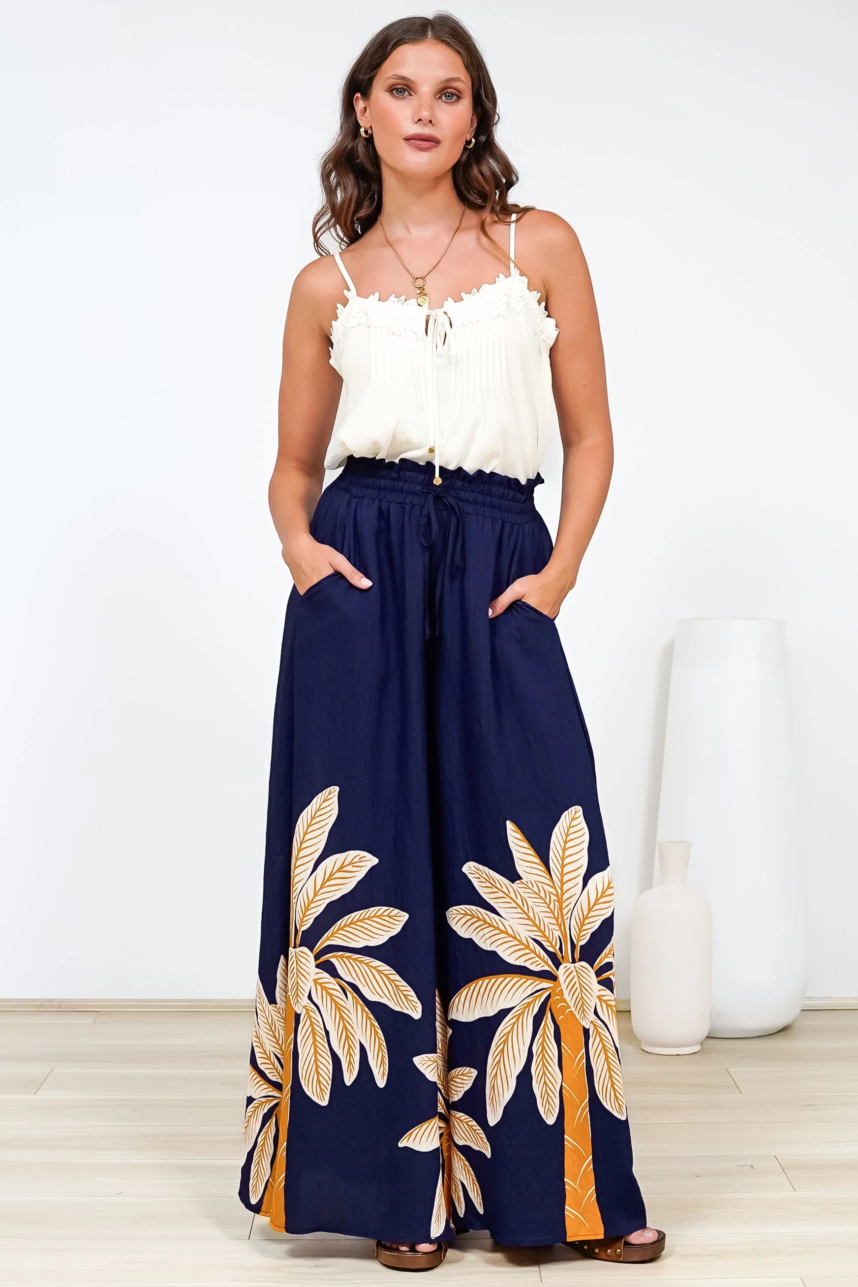 Charli Pants -  Paper Bag High Waisted Wide Leg Pants in Raphael Print - Image 4