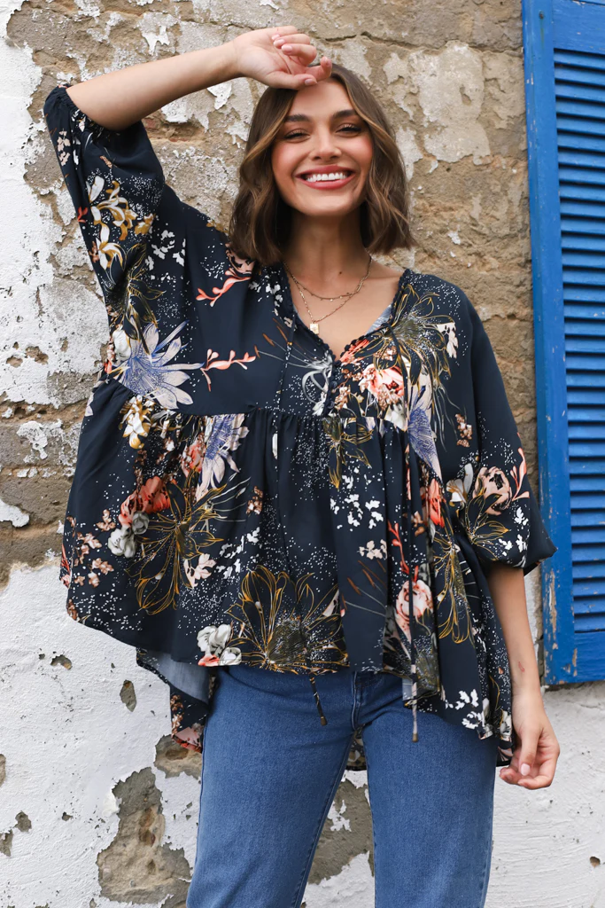JAASE - Chloe Top: Very Oversized Crochet Trim Neckline Smock Top in Indigo Print - Image 11