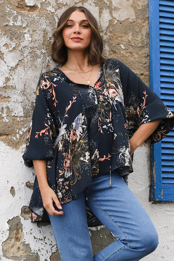 JAASE - Chloe Top: Very Oversized Crochet Trim Neckline Smock Top in Indigo Print - Image 13