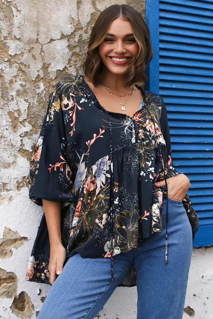 JAASE - Chloe Top: Very Oversized Crochet Trim Neckline Smock Top in Indigo Print - Image 15