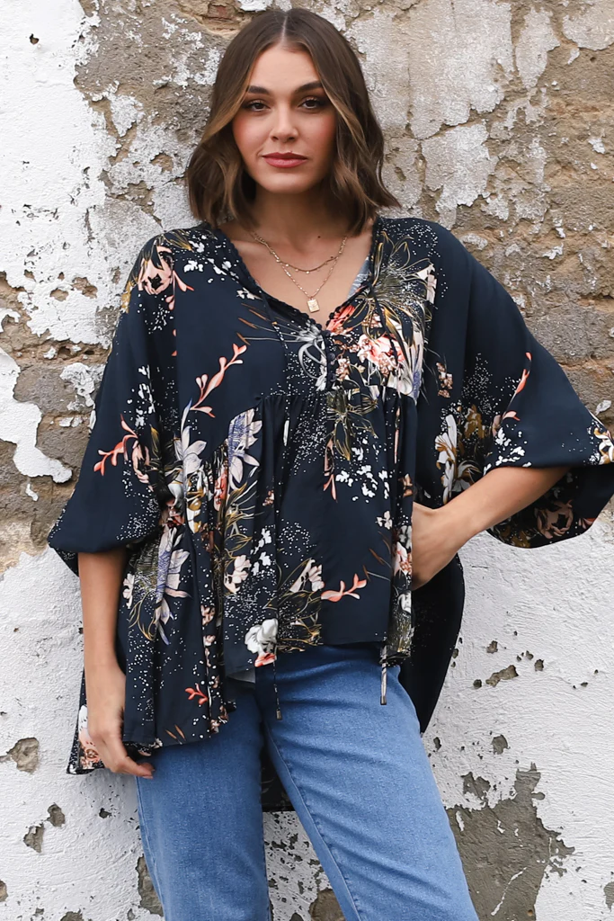 JAASE - Chloe Top: Very Oversized Crochet Trim Neckline Smock Top in Indigo Print - Image 17